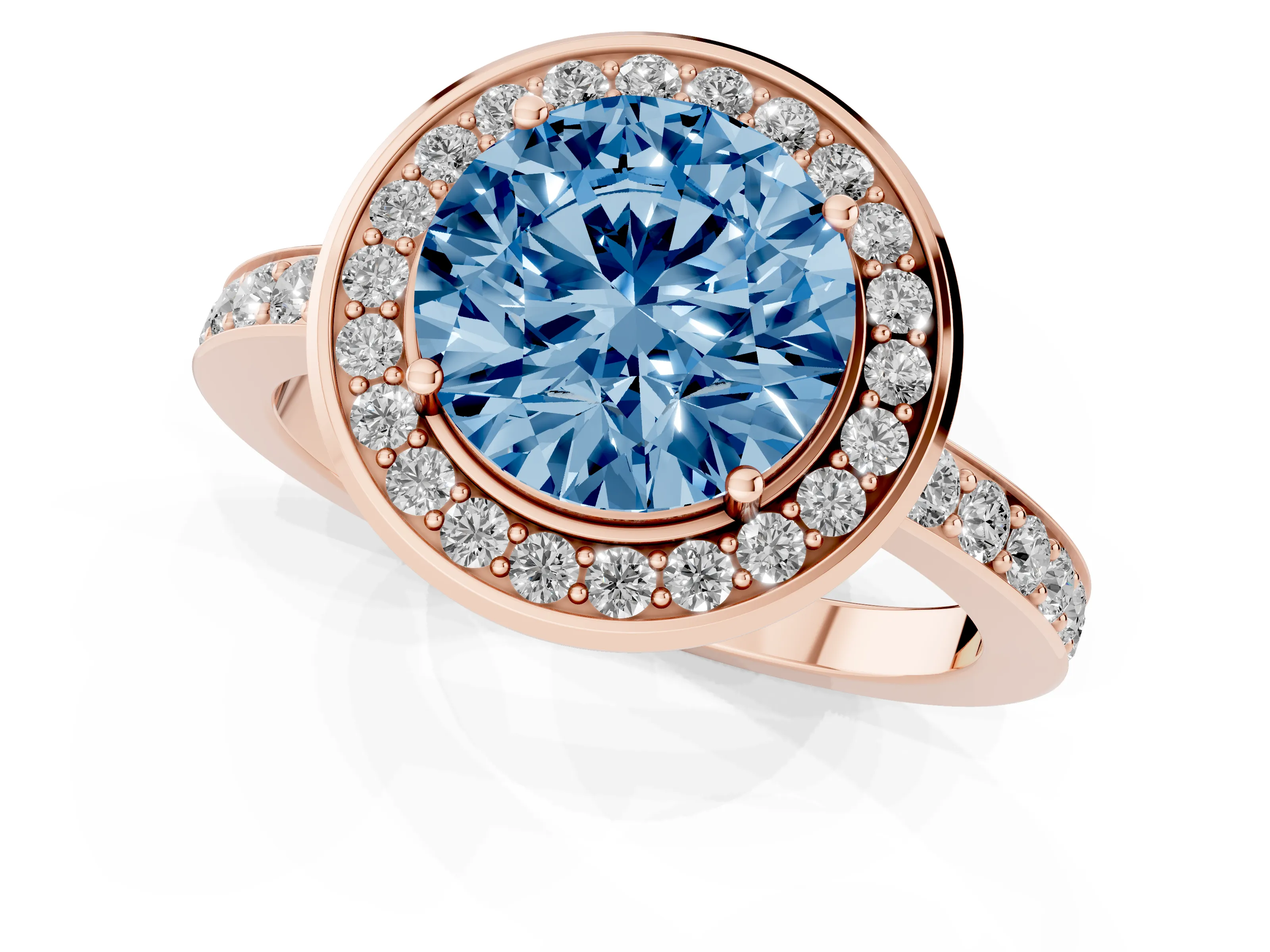 Fancy Blue Round Cut Diamond Halo Ring Set in Rose gold with Bezel Frame and Pavé Band