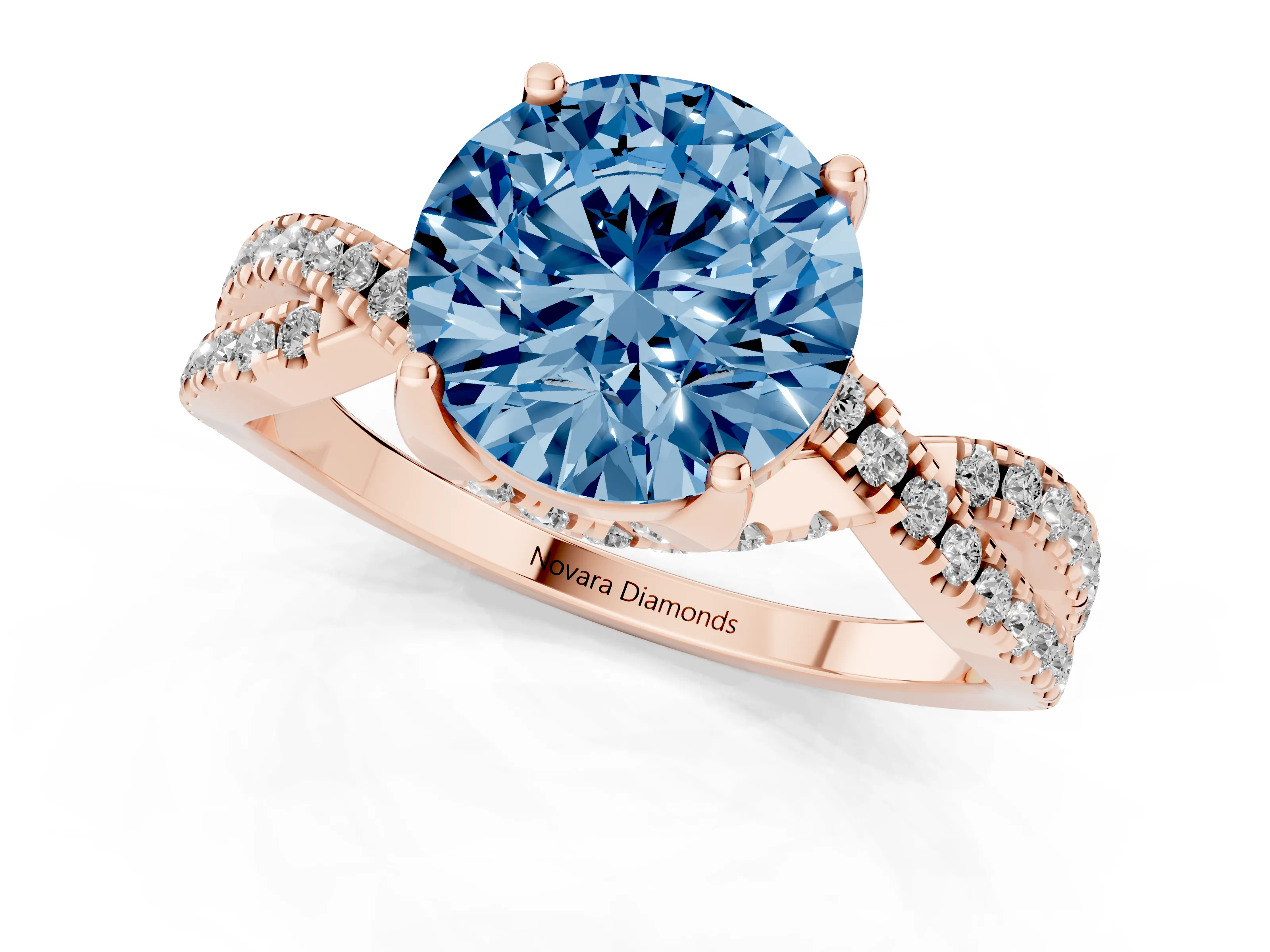Fancy Blue Round Cut Diamond Twist Pavé Solitaire Engagement Ring Set in Rose gold with Prong Setting