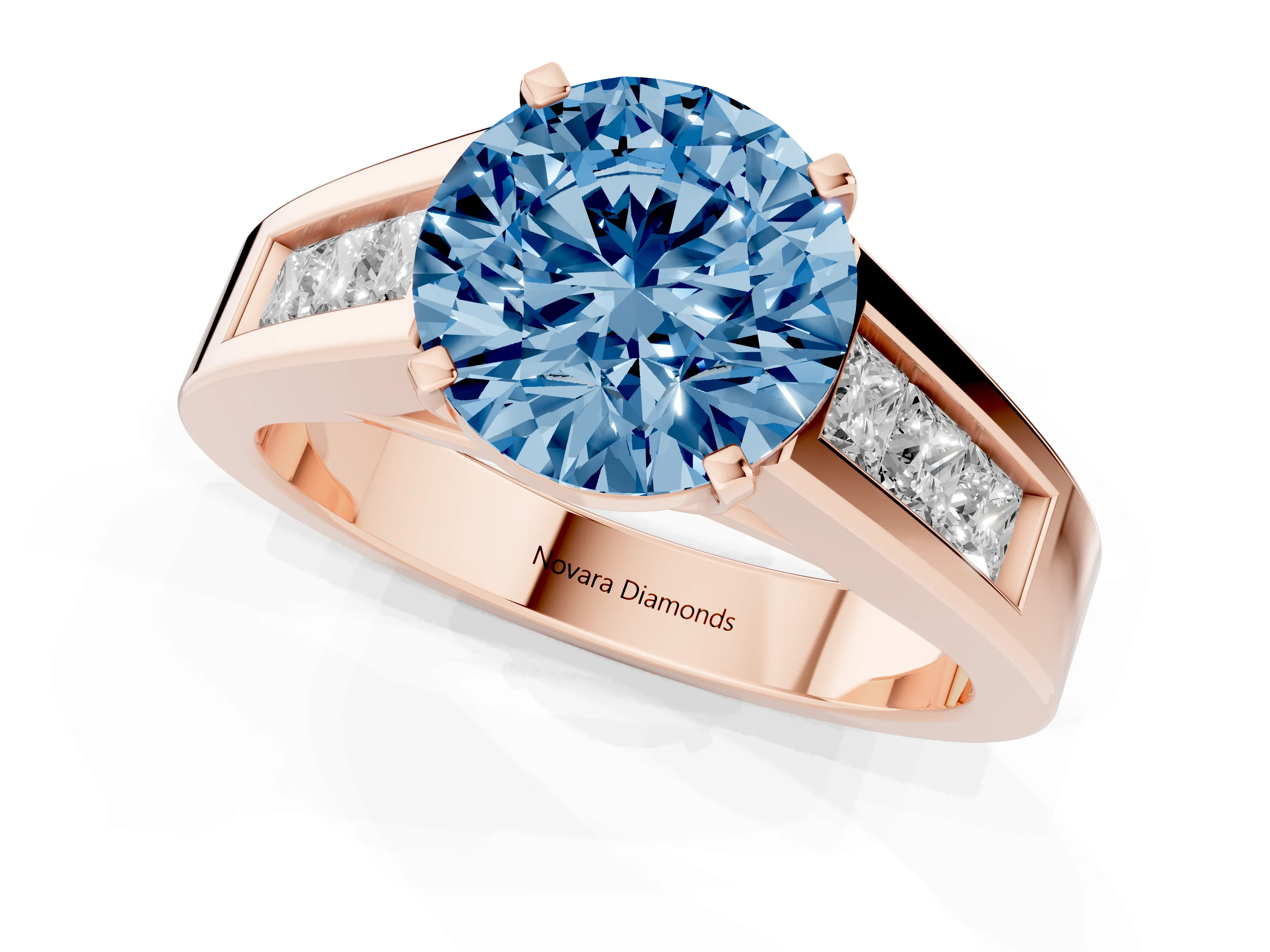 Fancy Blue Round Cut Diamond Solitaire Ring Set in Rose gold with Channel-Set Accent Stones and Prong Setting