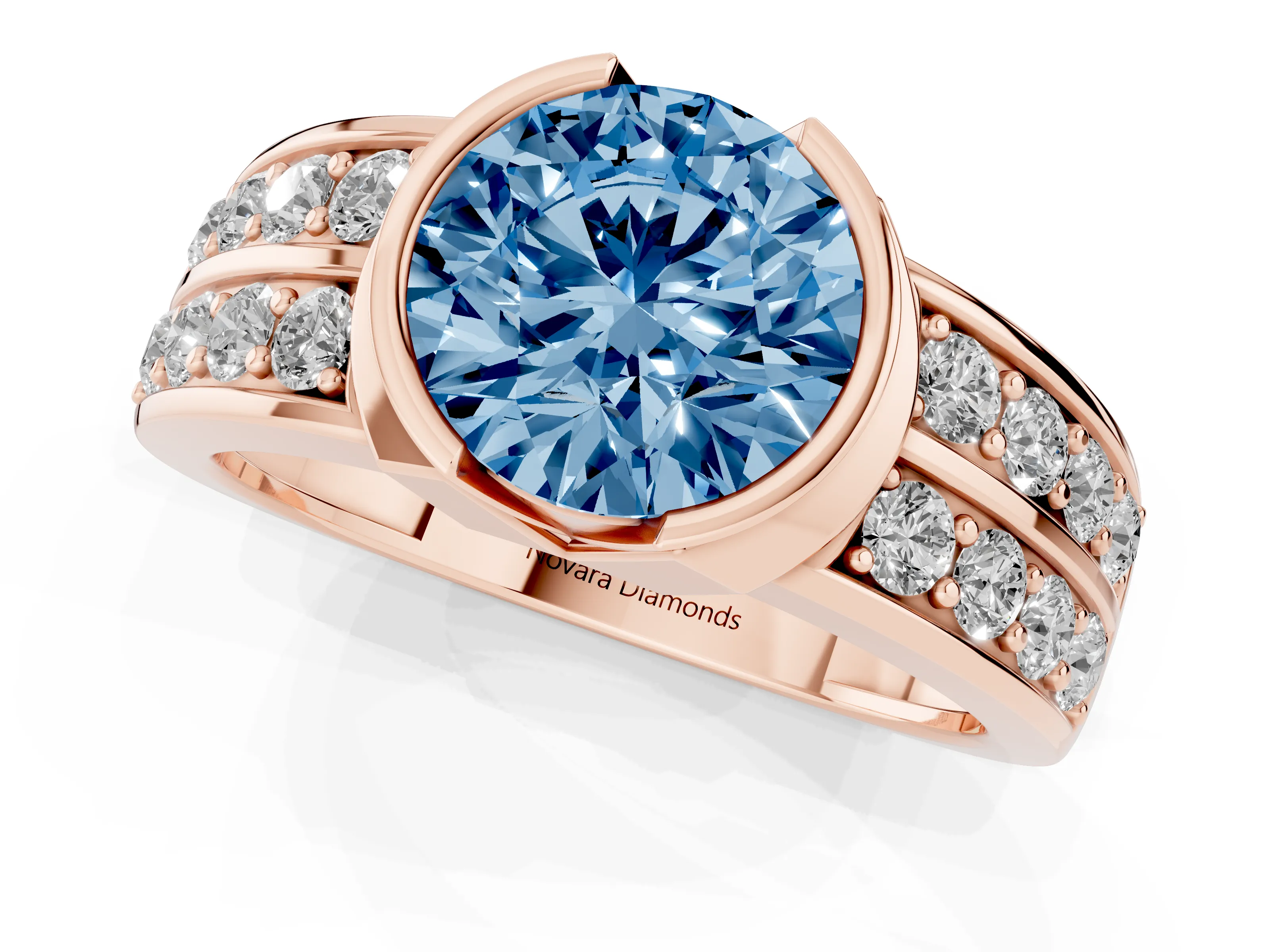 Fancy Blue Round Cut Diamond Wide Channel Set Band Ring Set in Rose gold with Bezel Setting