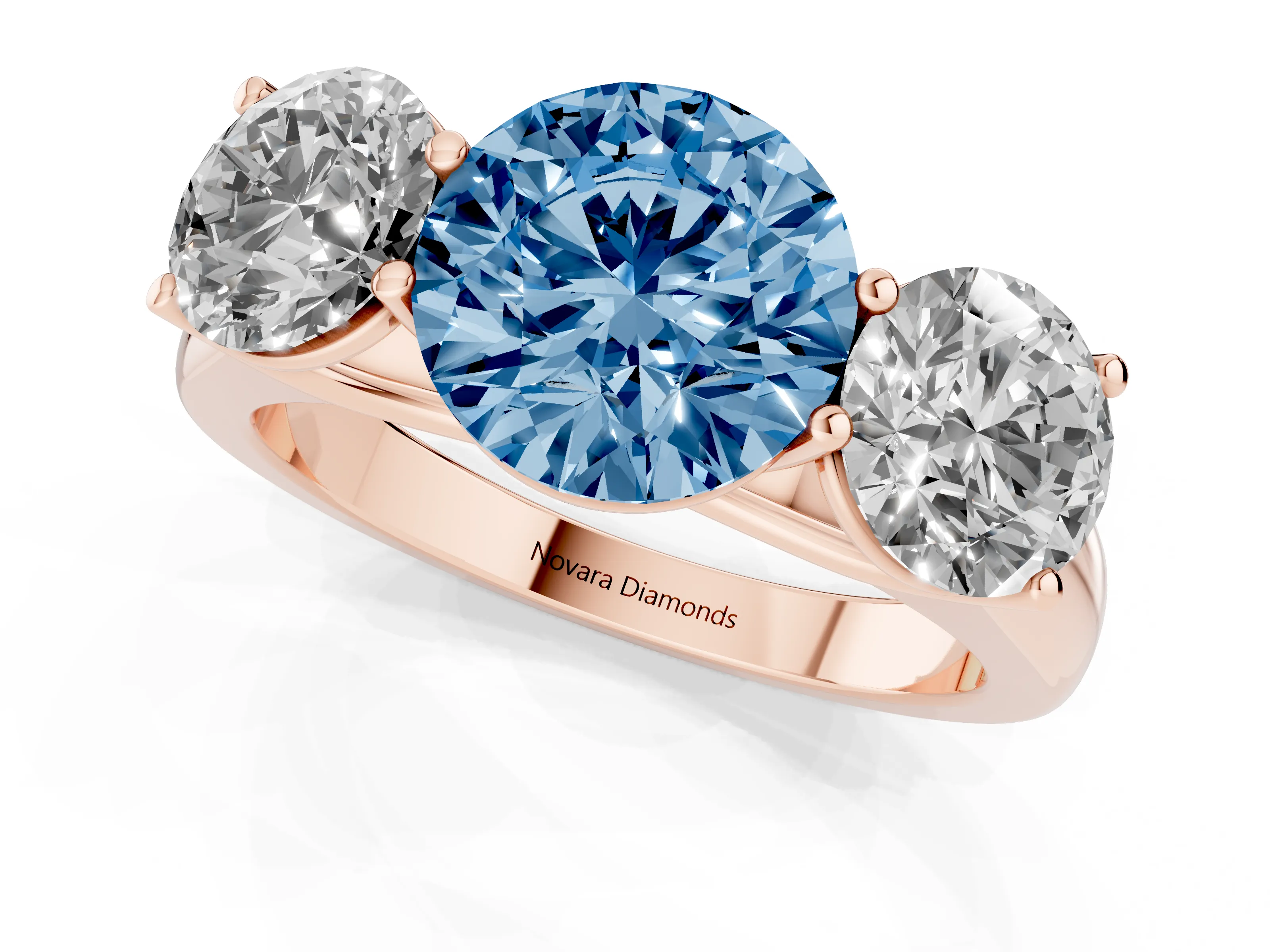 Fancy Blue Round Cut Diamond Three-Stone Ring Set in Rose gold with Plain Polished Band