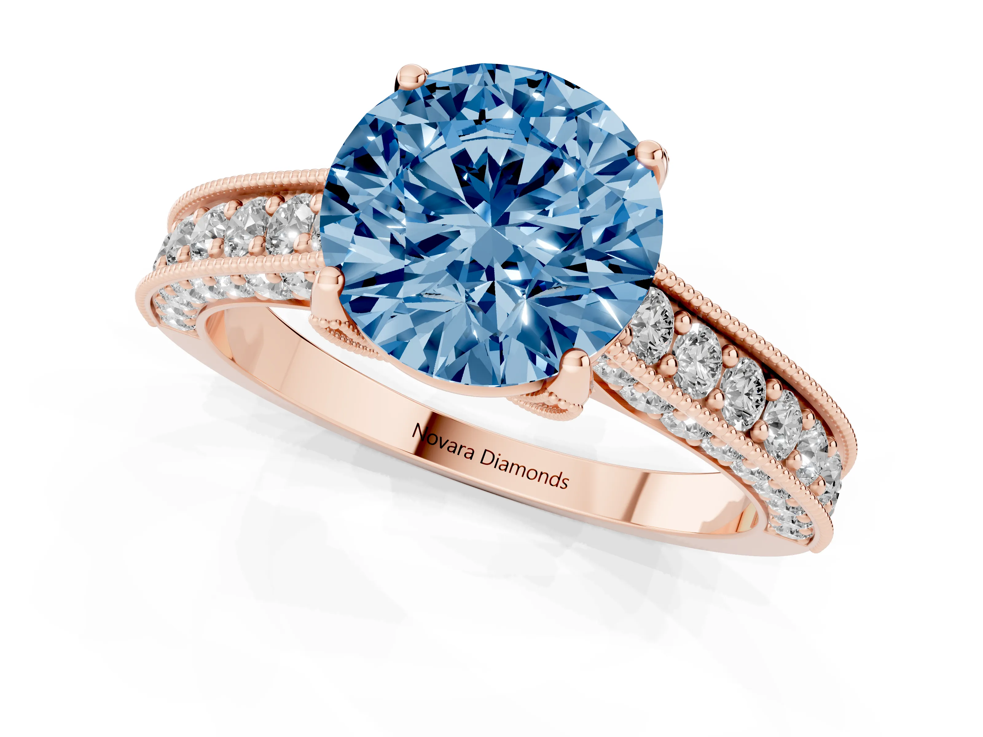 Fancy Blue Round Cut Diamond Solitaire Ring Set in Rose gold with Milgrain-Edged Pavé Band and Prong Setting