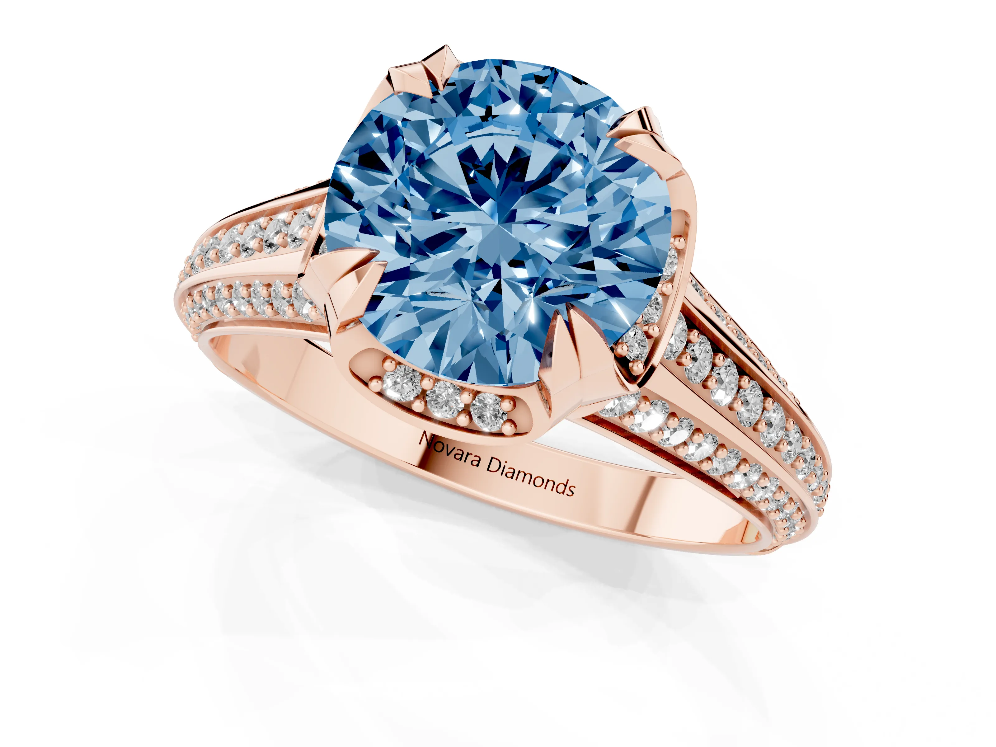 Fancy Blue Round Cut Diamond Pavé Split Shank Solitaire Ring Set in Rose gold with Prong Setting