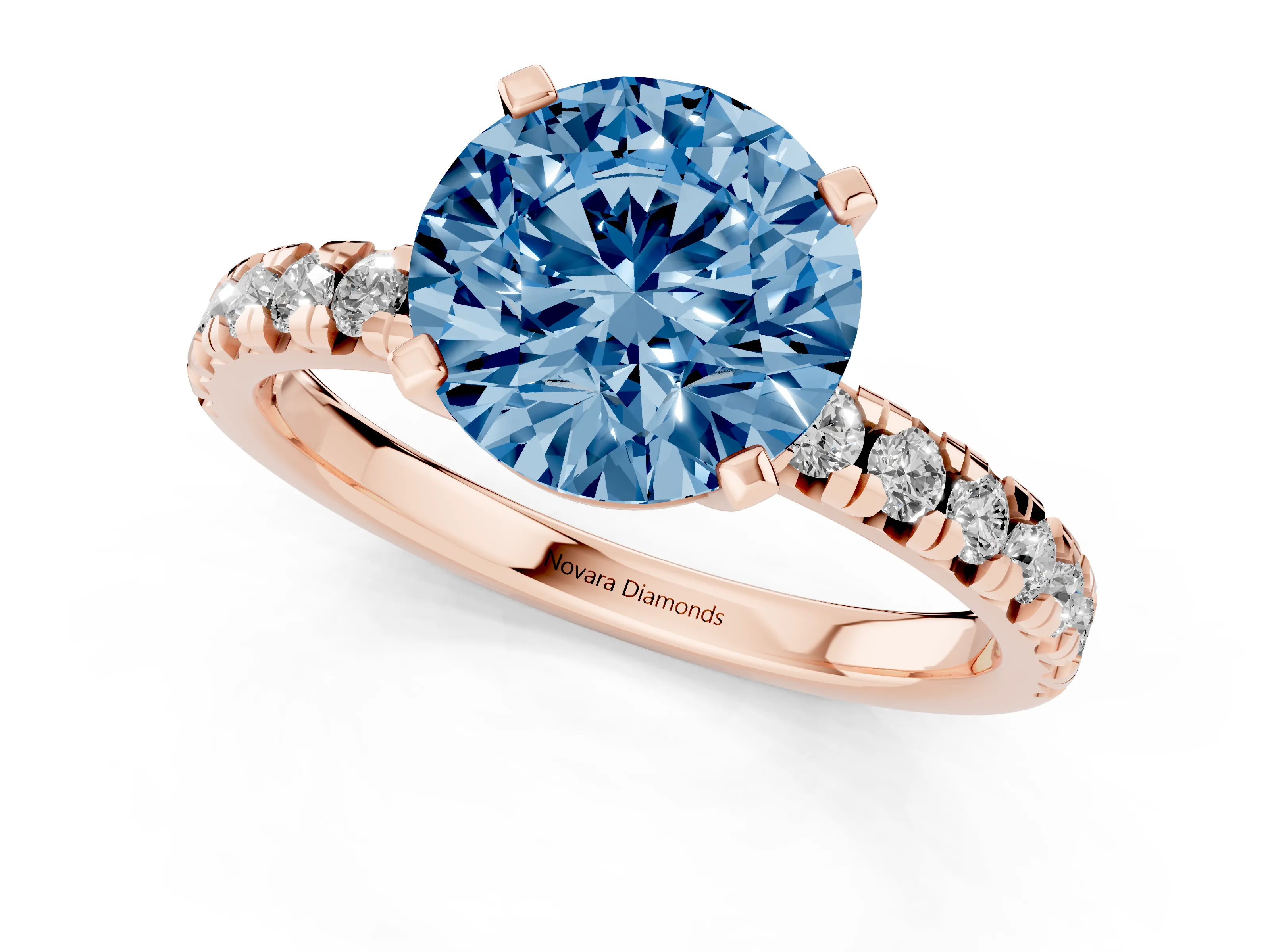 Fancy Blue Round Cut Diamond Solitaire Pavé Engagement Ring Set in Rose gold with Round Band and Prong Setting