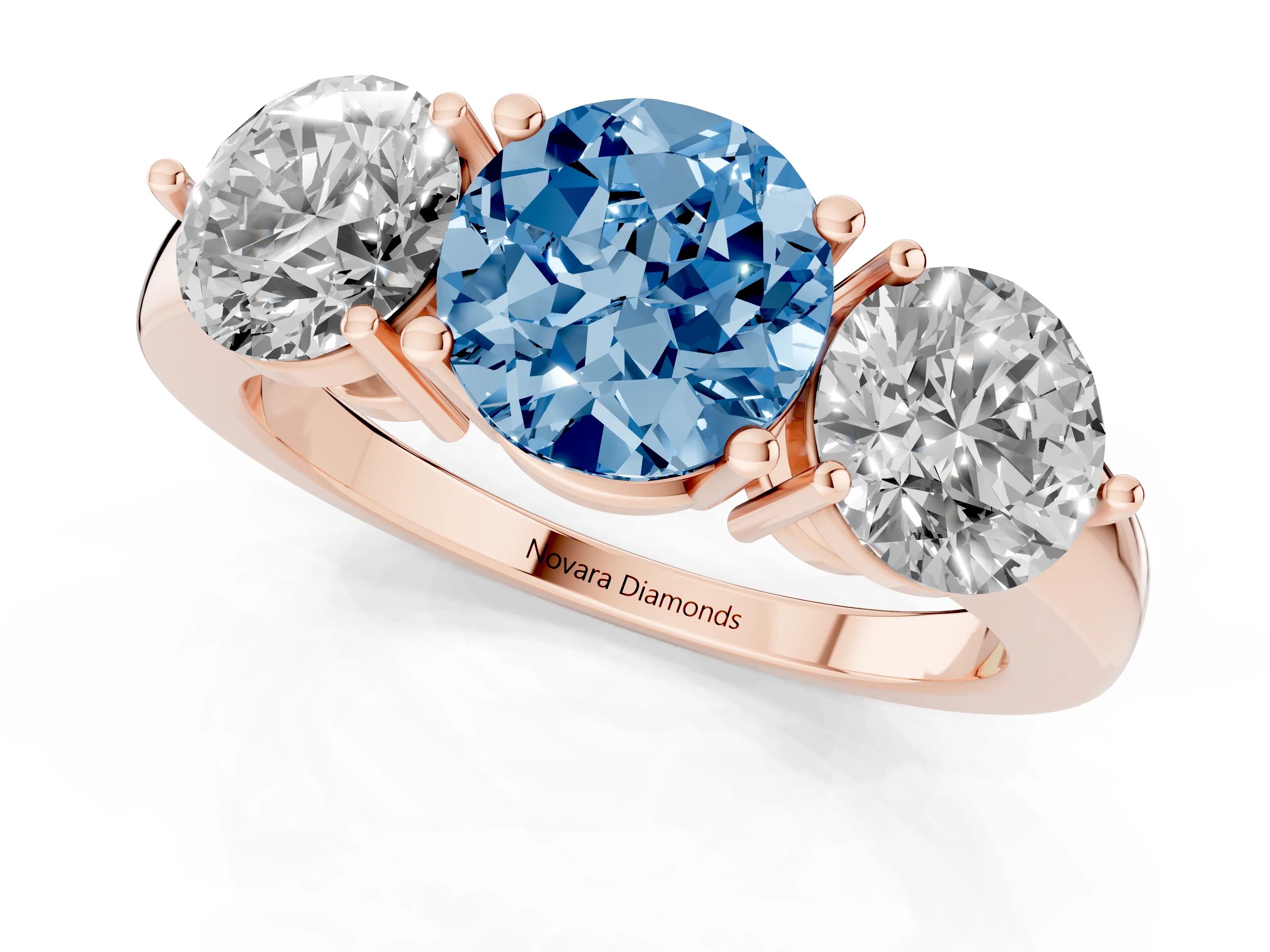 Fancy Blue Round Cut Diamond Three-Stone Ring Set in Rose gold with Prong Setting and Plain Band