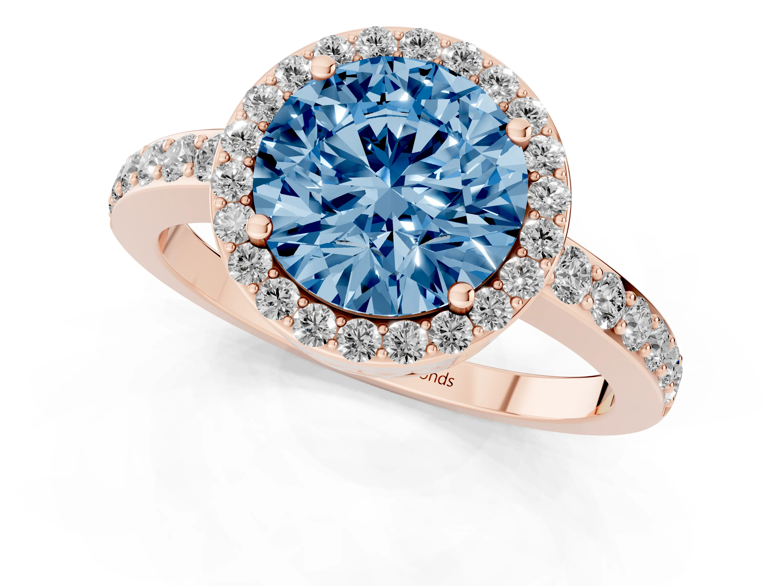 Fancy Blue Round Cut Diamond Halo Ring Set in Rose gold with Pavé-Setting Band and Open Prong Center