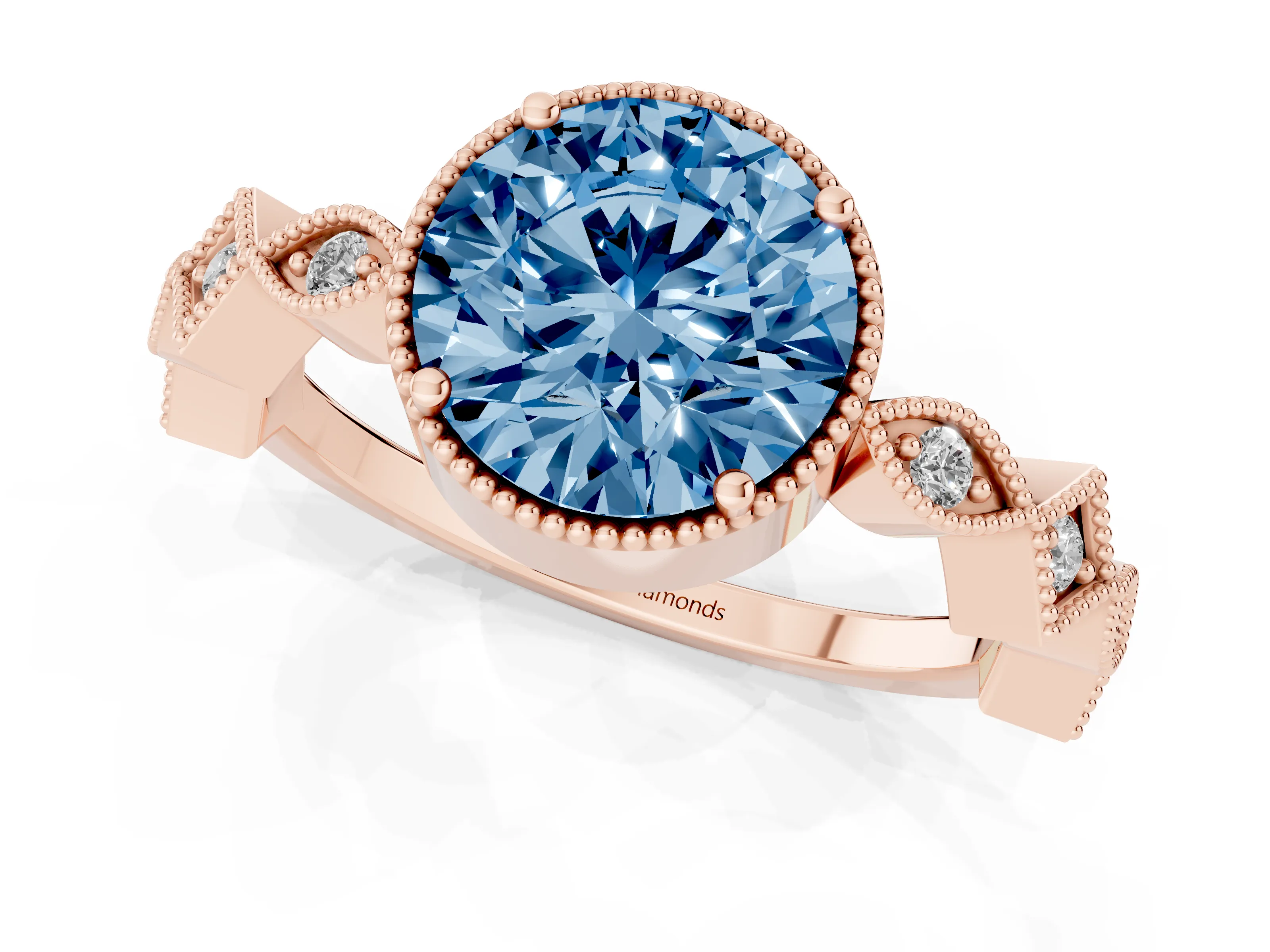 Fancy Blue Round Cut Diamond Milgrain Marquise Twist Band Ring Set in Rose gold with Prong Setting