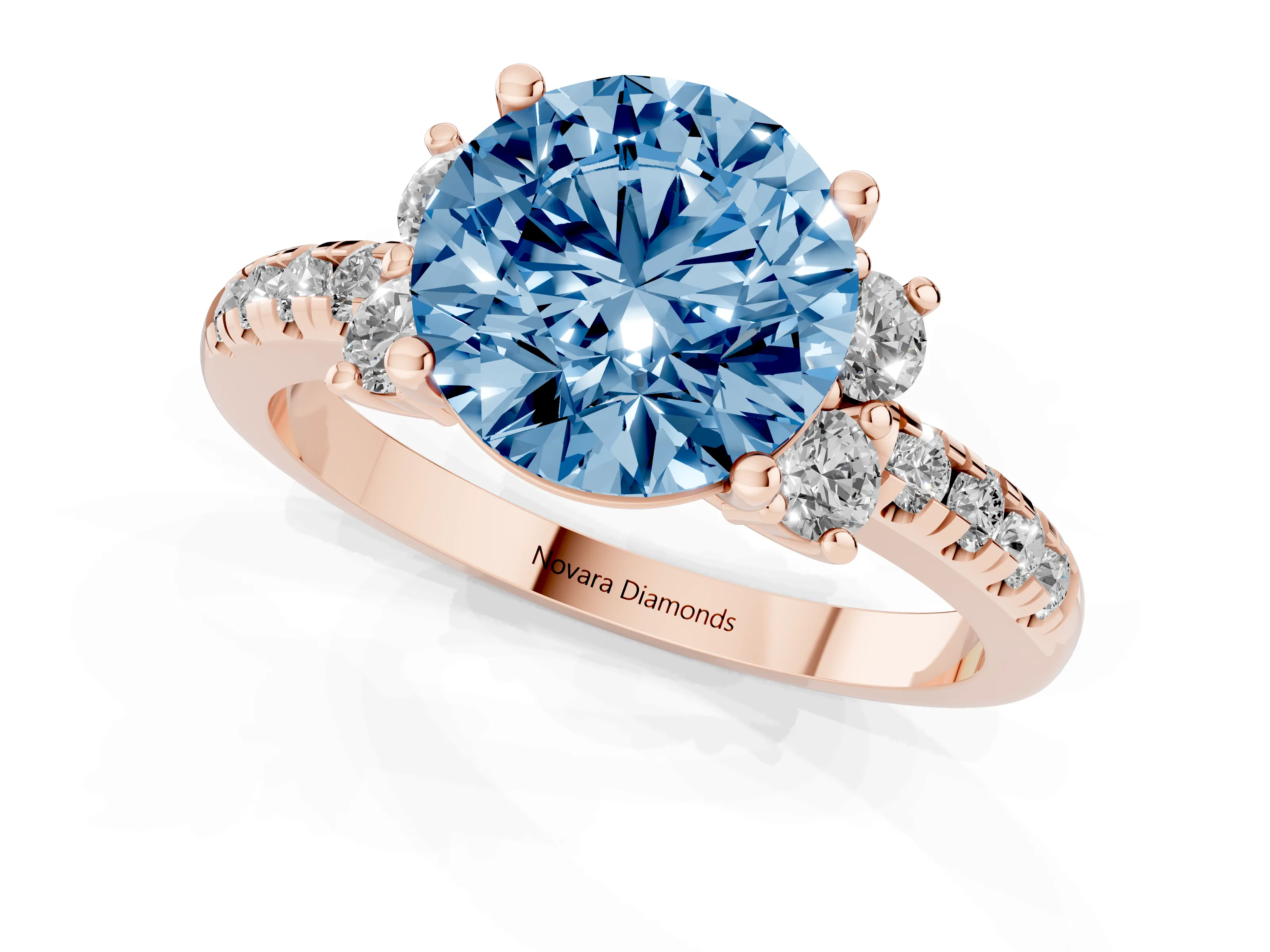 Fancy Blue Round Cut Diamond Three-Stone Pavé Ring Set in Rose gold with Prong Setting