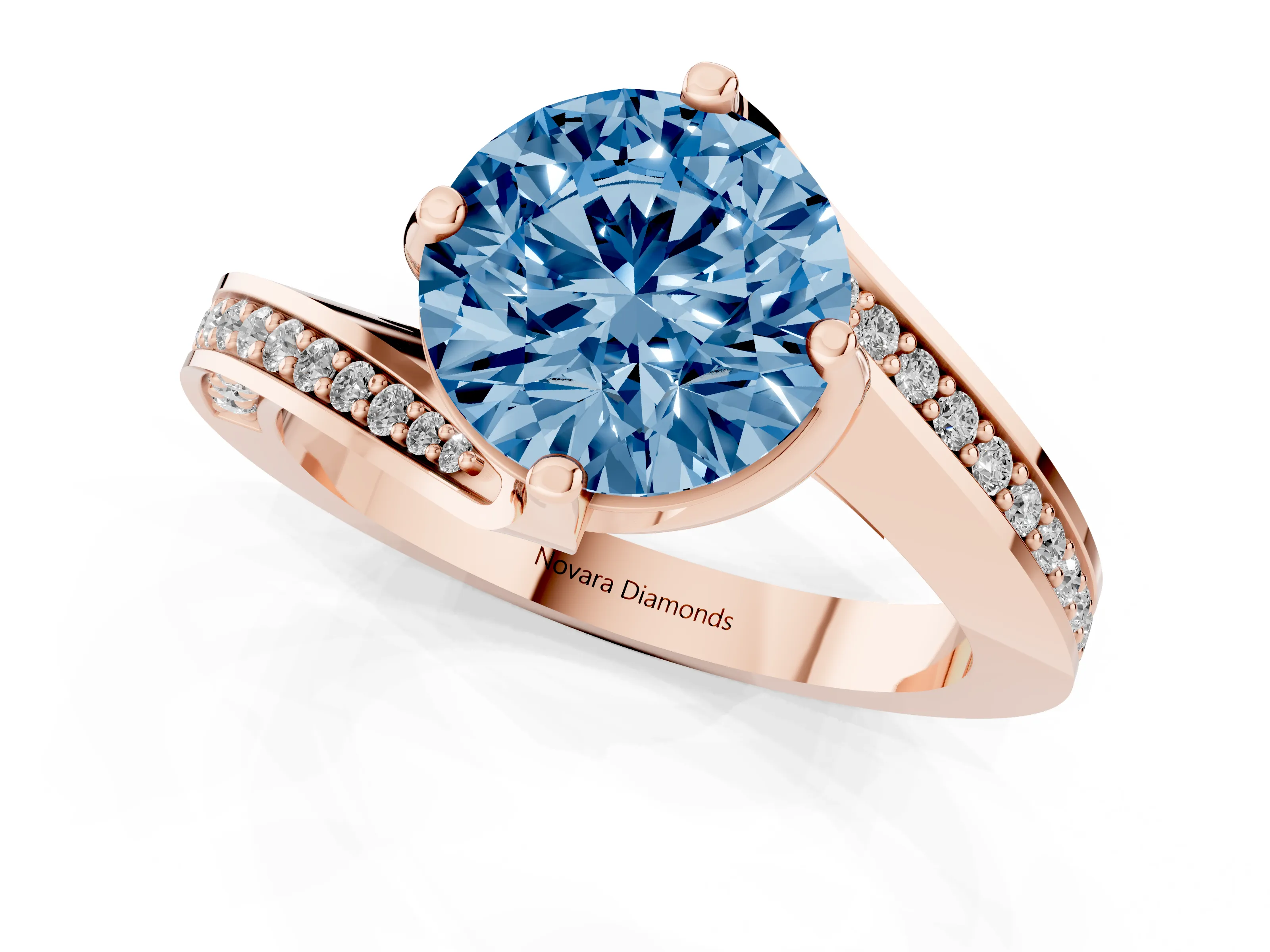 Fancy Blue Round Cut Diamond Solitaire Ring Set in Rose gold with Intertwined Pavé Twist Band