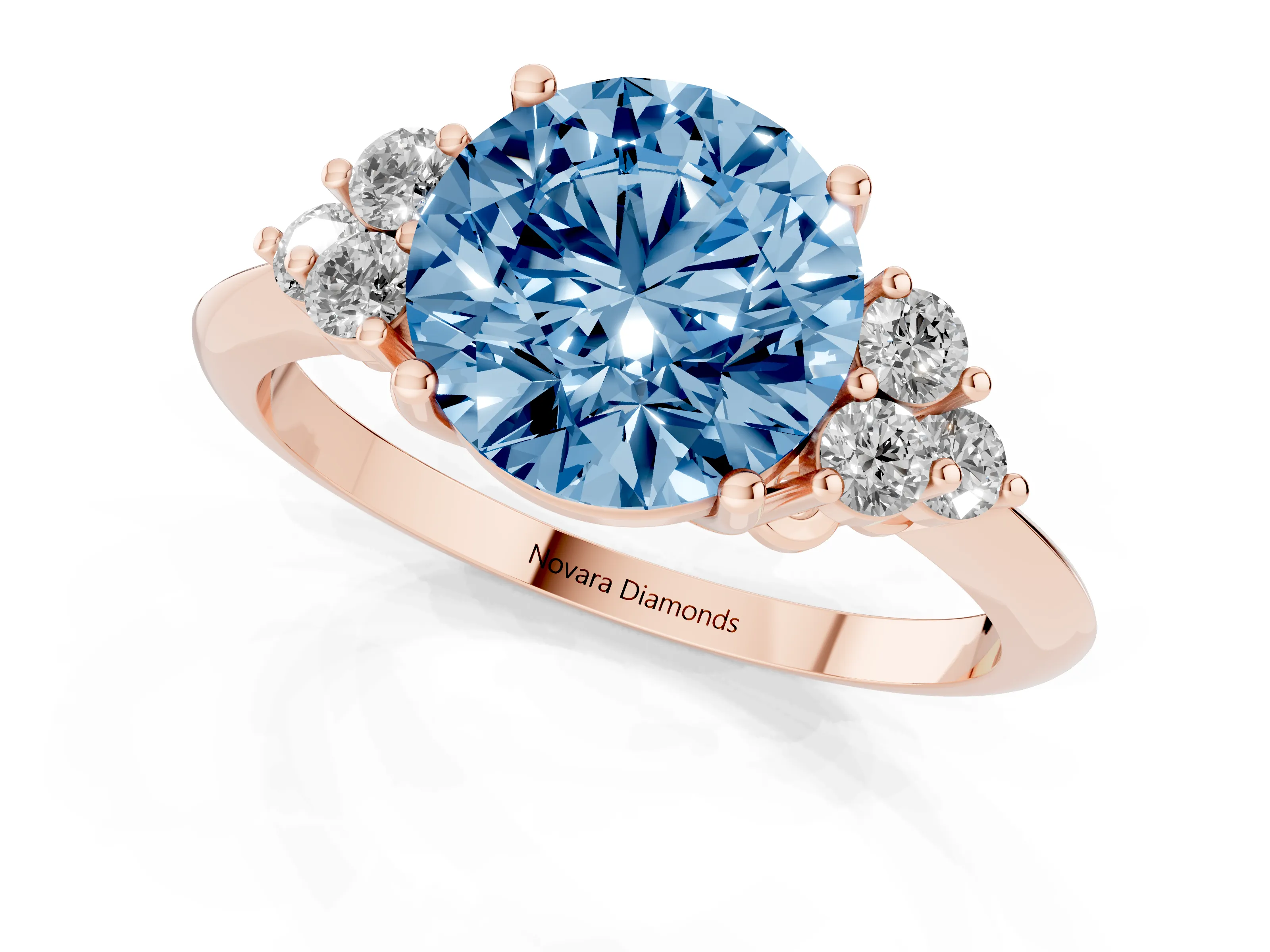 Fancy Blue Round Cut Diamond Cluster Ring Set in Rose gold with Plain Band and Prong Setting