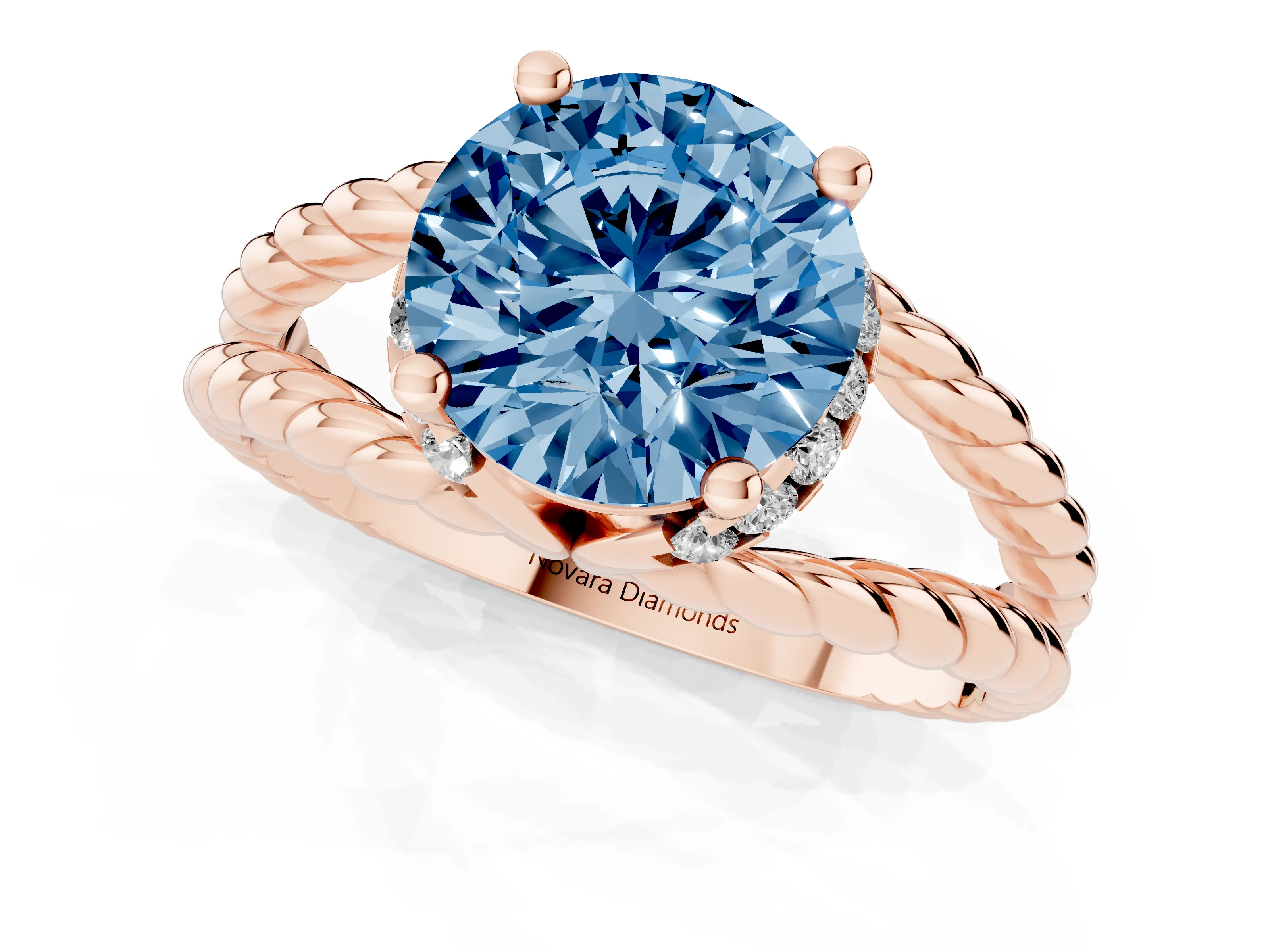 Fancy Blue Round Cut Diamond Halo Ring Set in Rose gold with Twisted Band and Prong Setting
