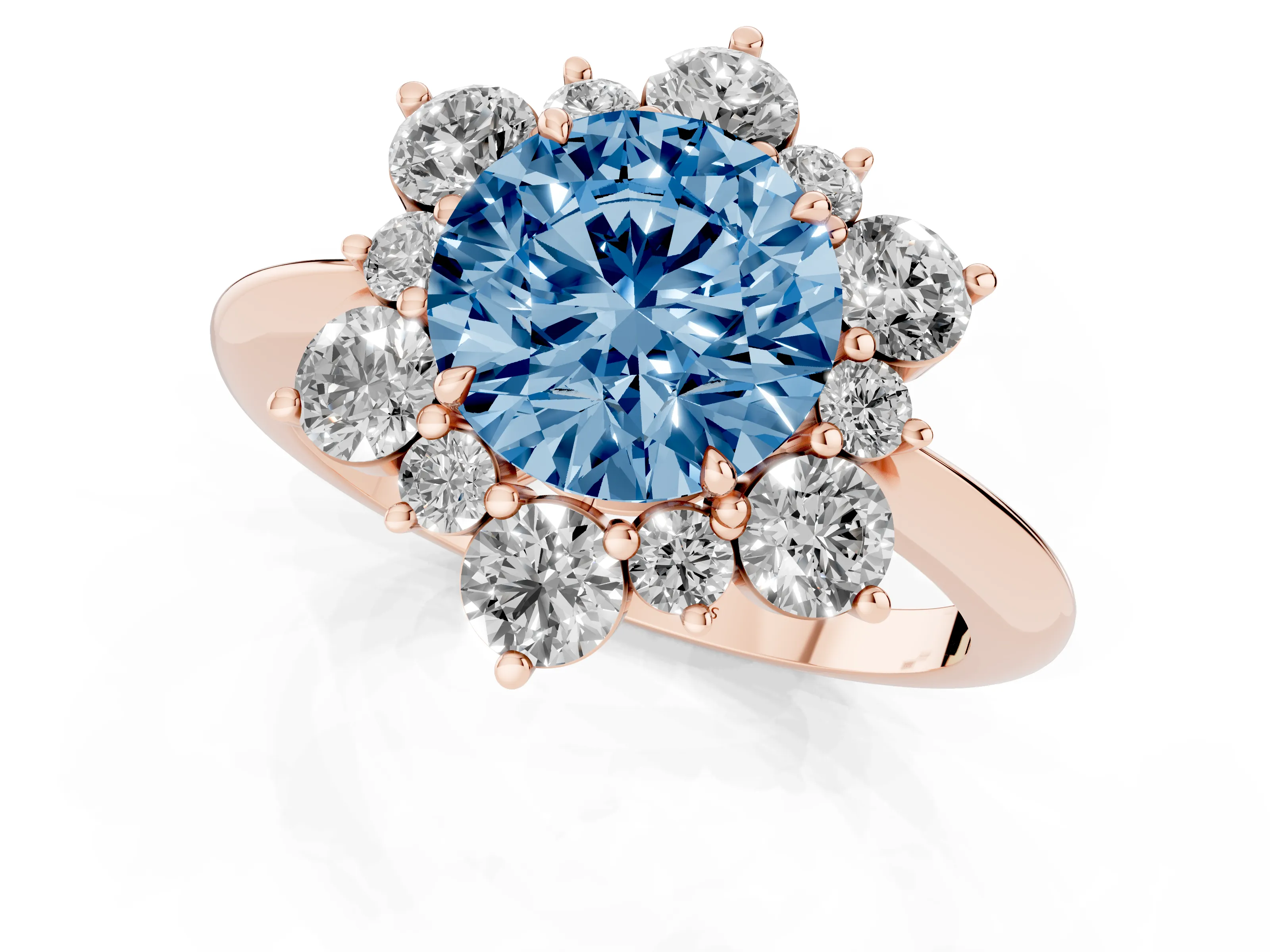 Fancy Blue Round Cut Diamond Cluster Halo Ring Set in Rose gold with Solitaire Band and Prong Setting