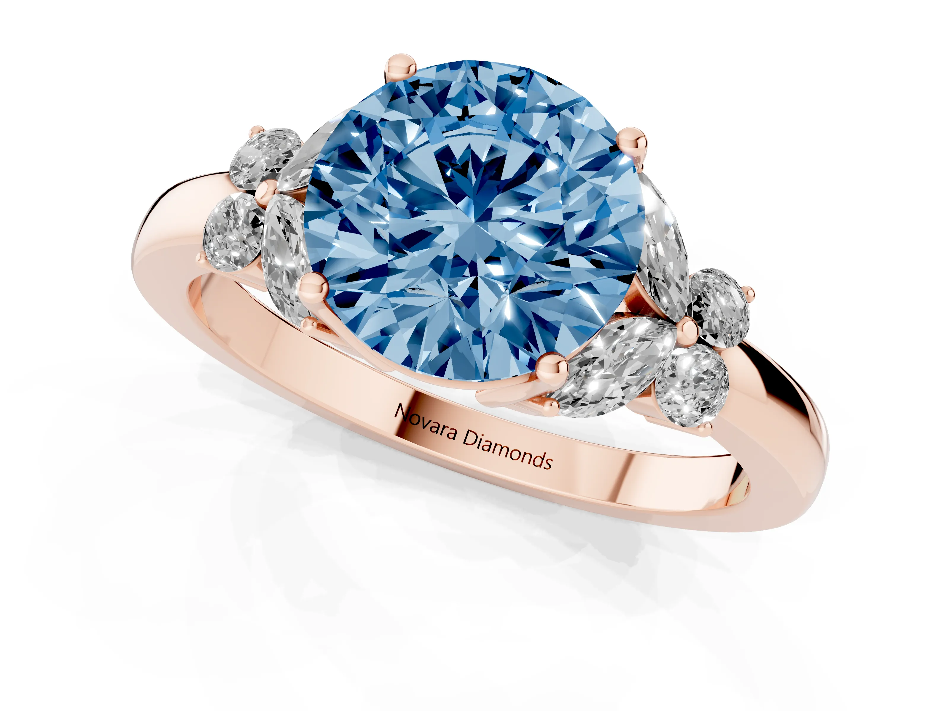Fancy Blue Round Cut Diamond Solitaire Floral Ring Set in Rose gold with Marquise Petals and Prong Setting