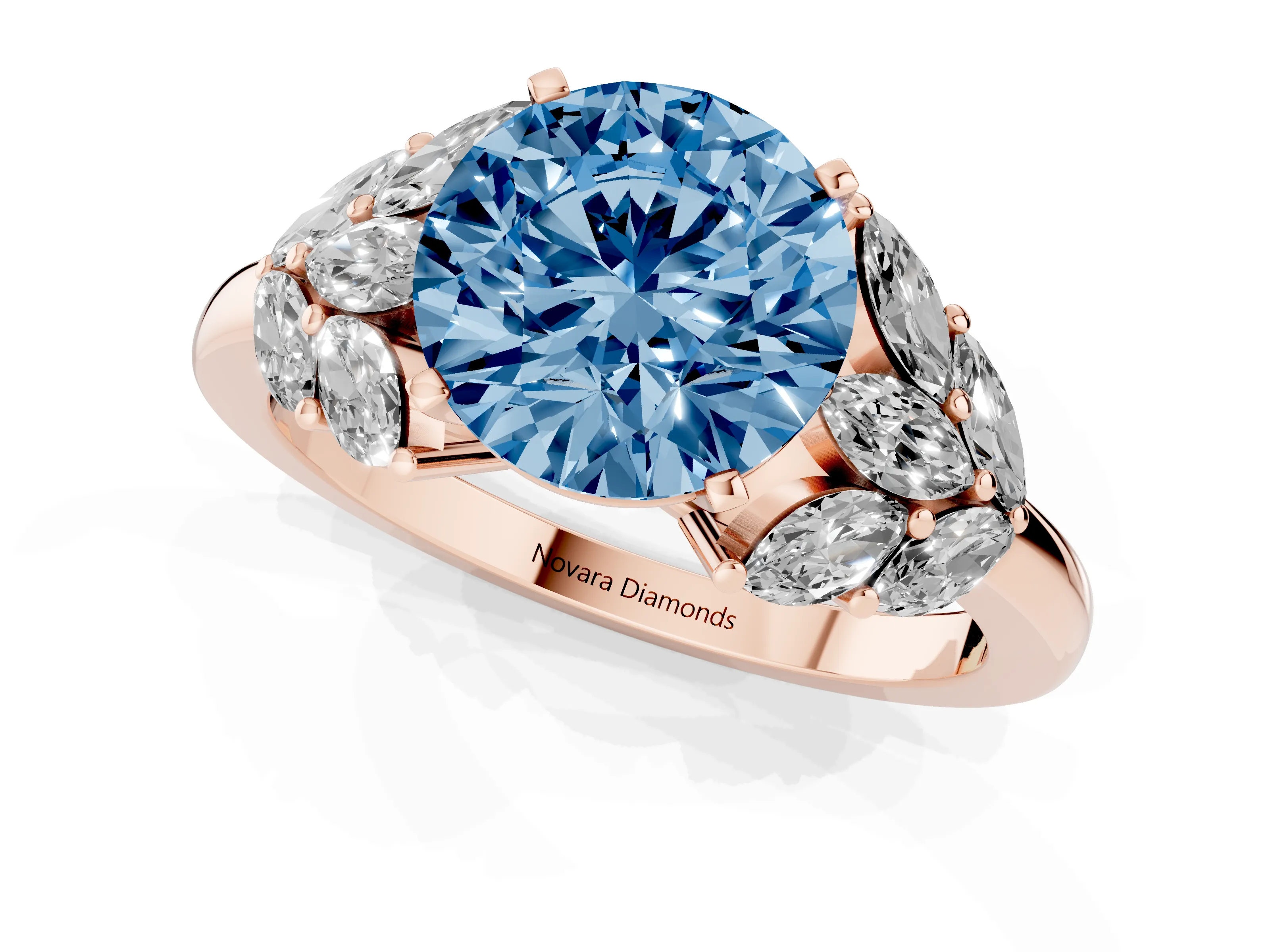 Fancy Blue Round Cut Diamond Cluster Leaf Design Ring Set in Rose gold with Prong Setting