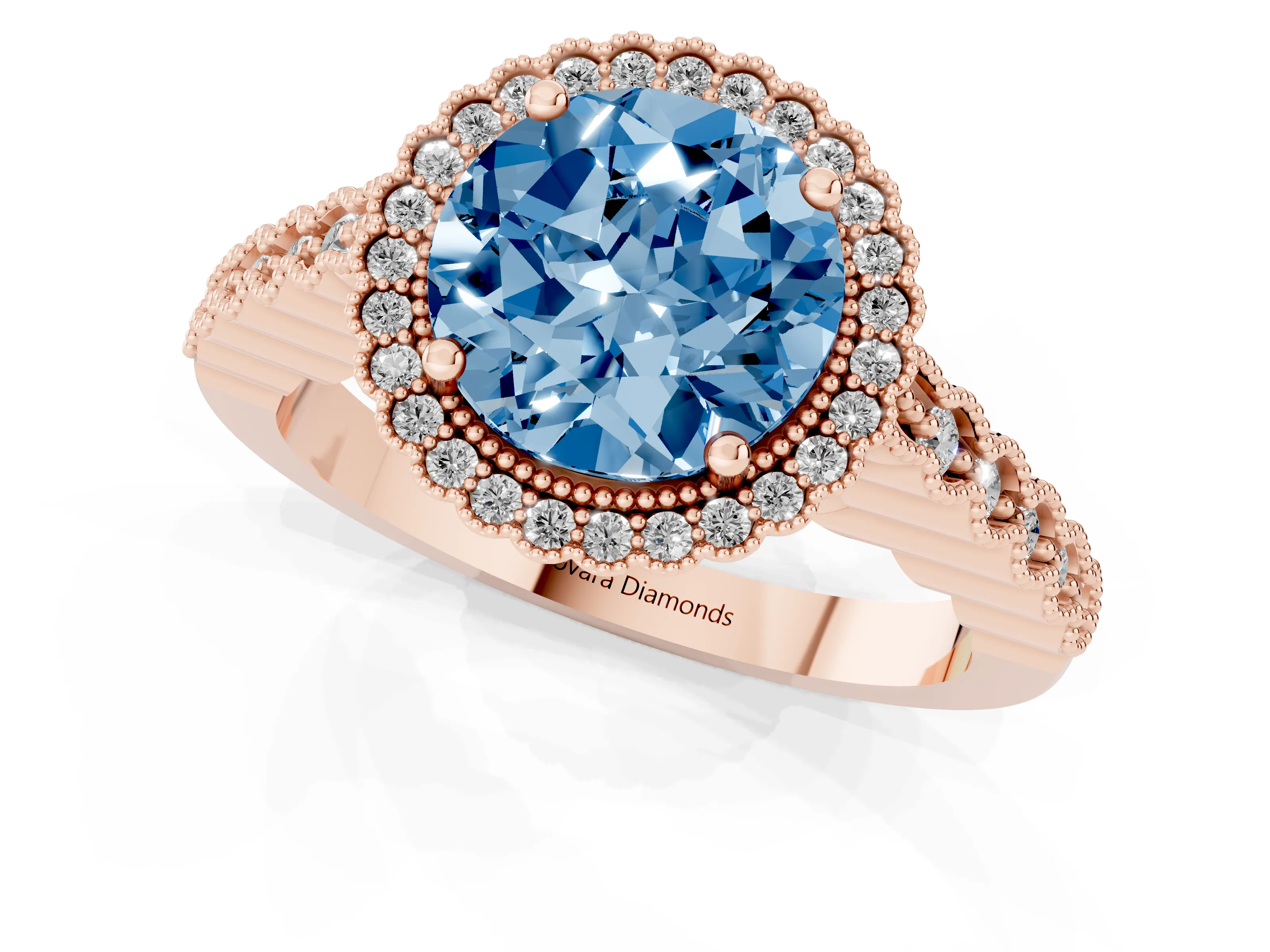 Fancy Blue Round Cut Diamond Halo Ring Set in Rose gold with Pavé Milgrain Band