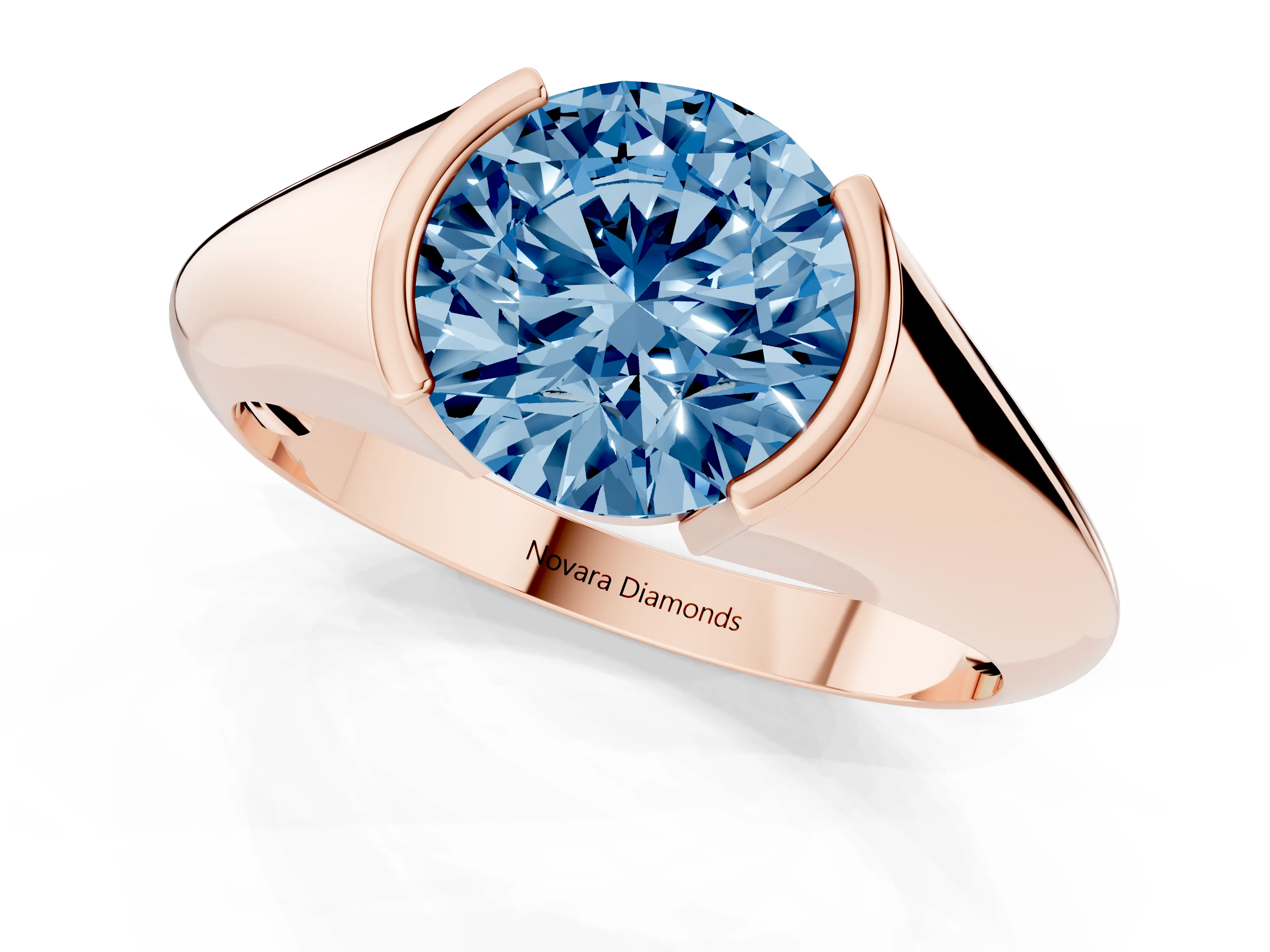 Fancy Blue Round Cut Diamond Solitaire Tension Set Ring Set in Rose gold