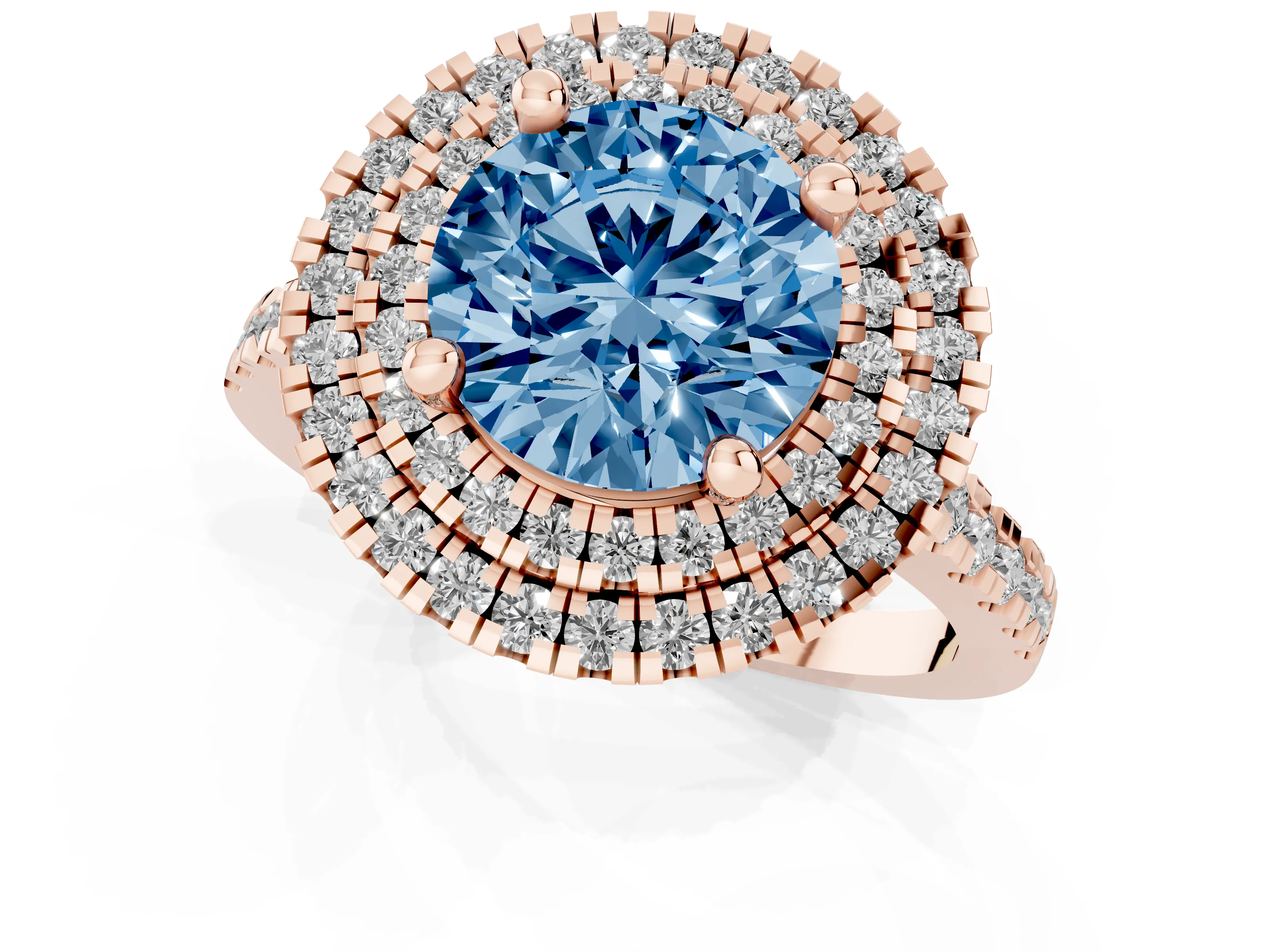 Fancy Blue Round Cut Diamond Double Halo Statement Ring Set in Rose gold with Pavé Band