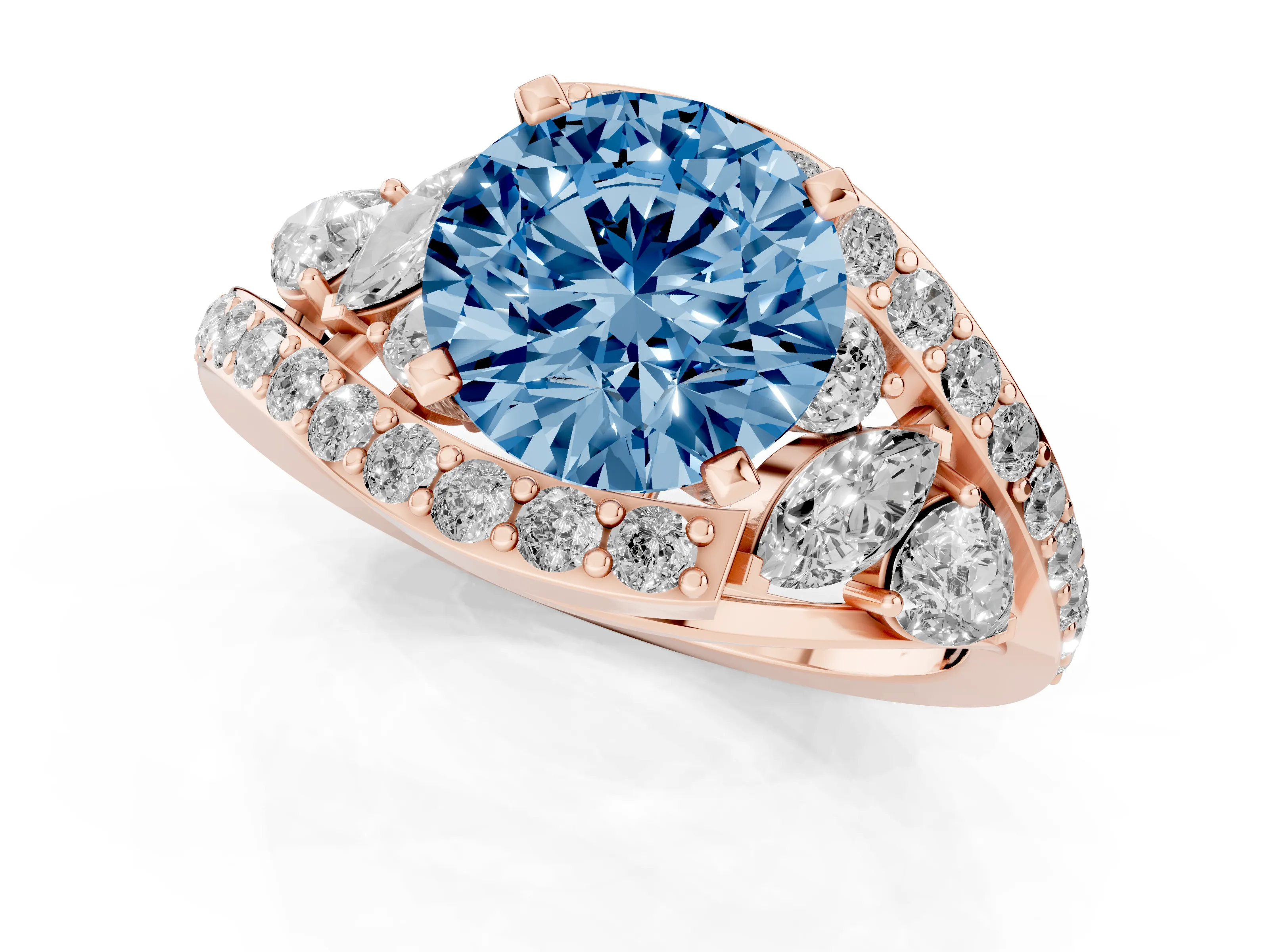 Fancy Blue Round Cut Diamond Halo Ring Set in Rose gold with Marquise and Pavé Band in Prong Setting
