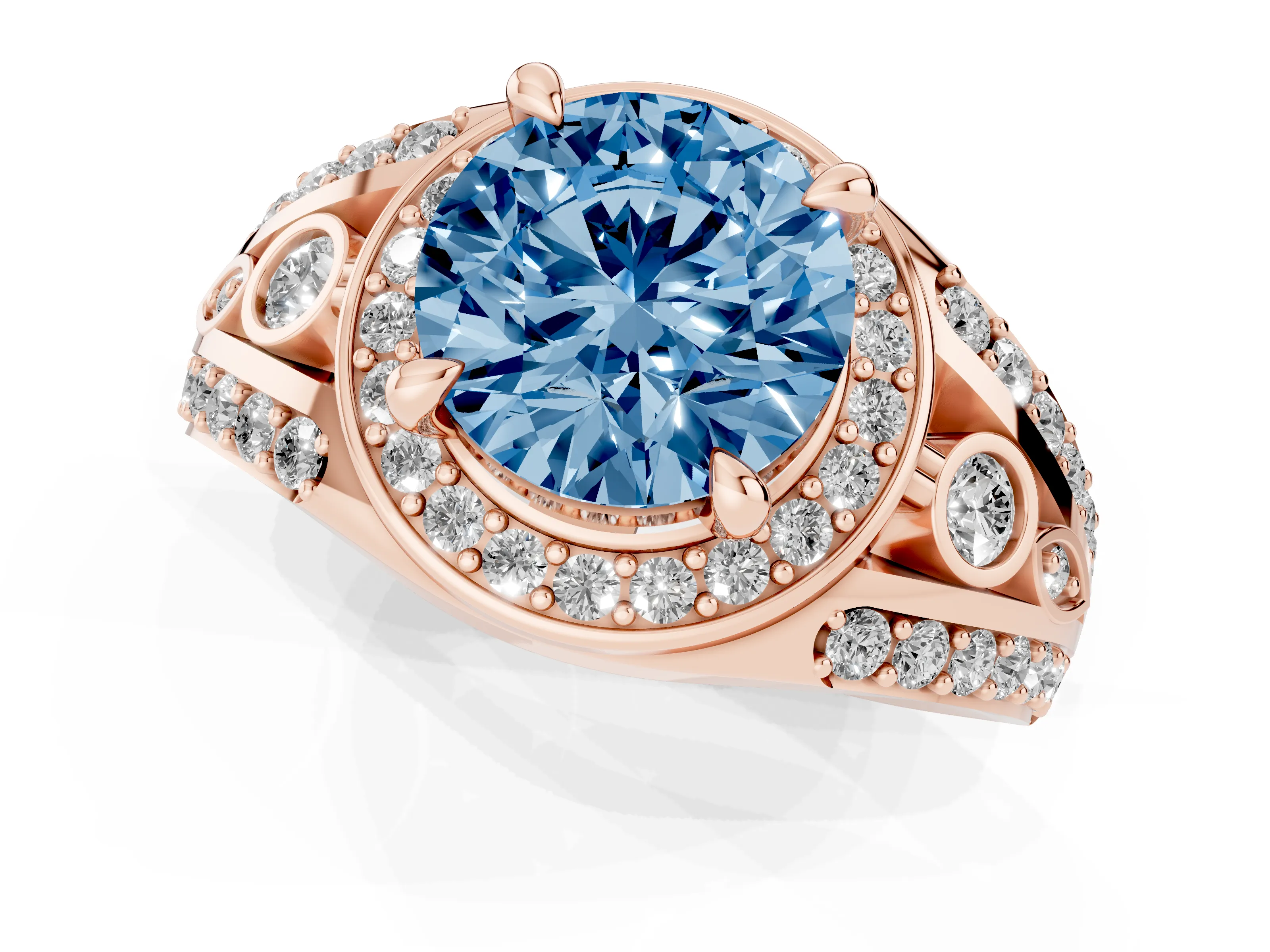 Fancy Blue Round Cut Diamond Halo Ring Set in Rose gold with Pavé Split Shank and Bezel Accents