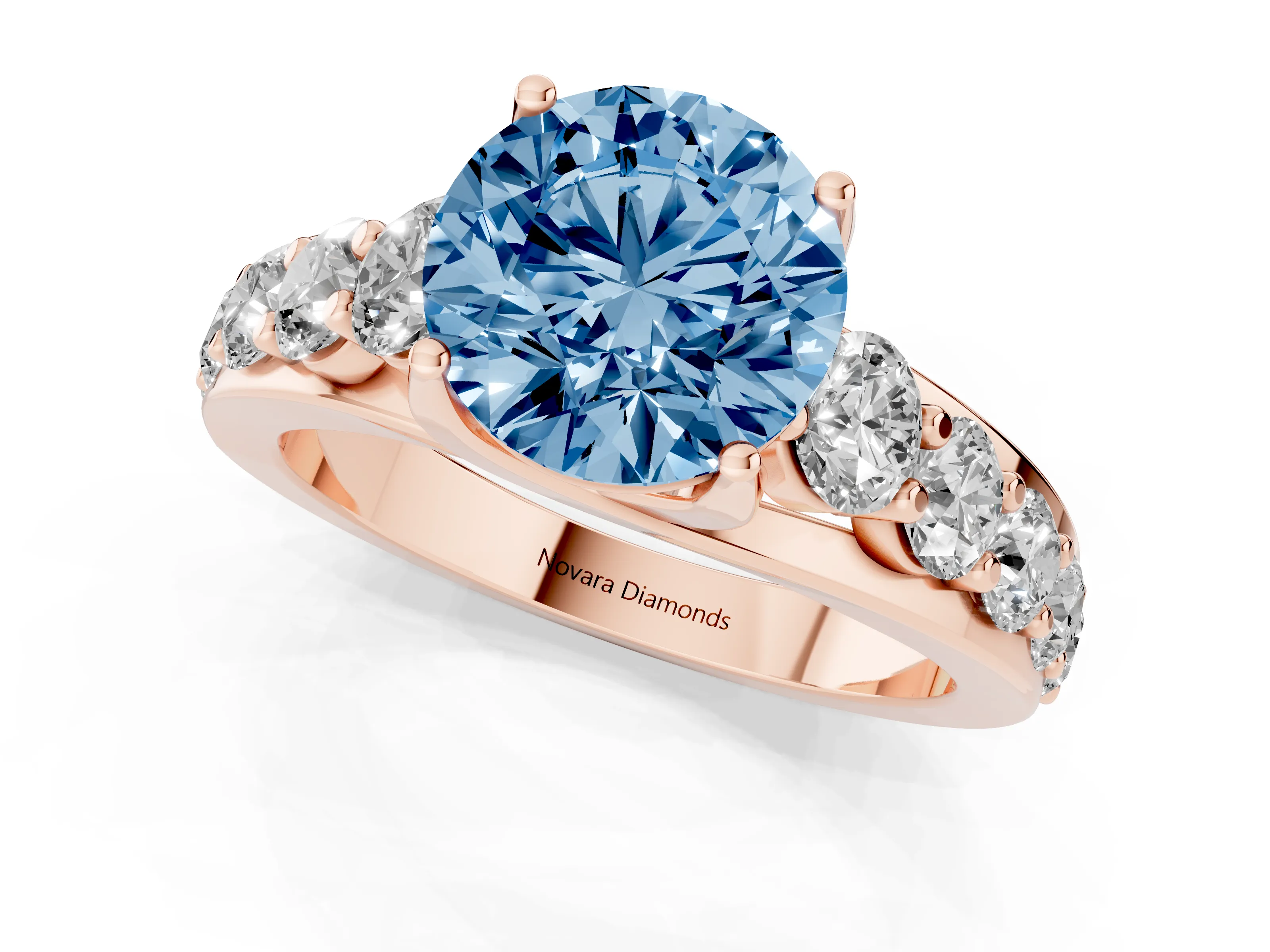 Fancy Blue Round Cut Diamond Pavé Engagement Ring Set in Rose gold with Prong Setting