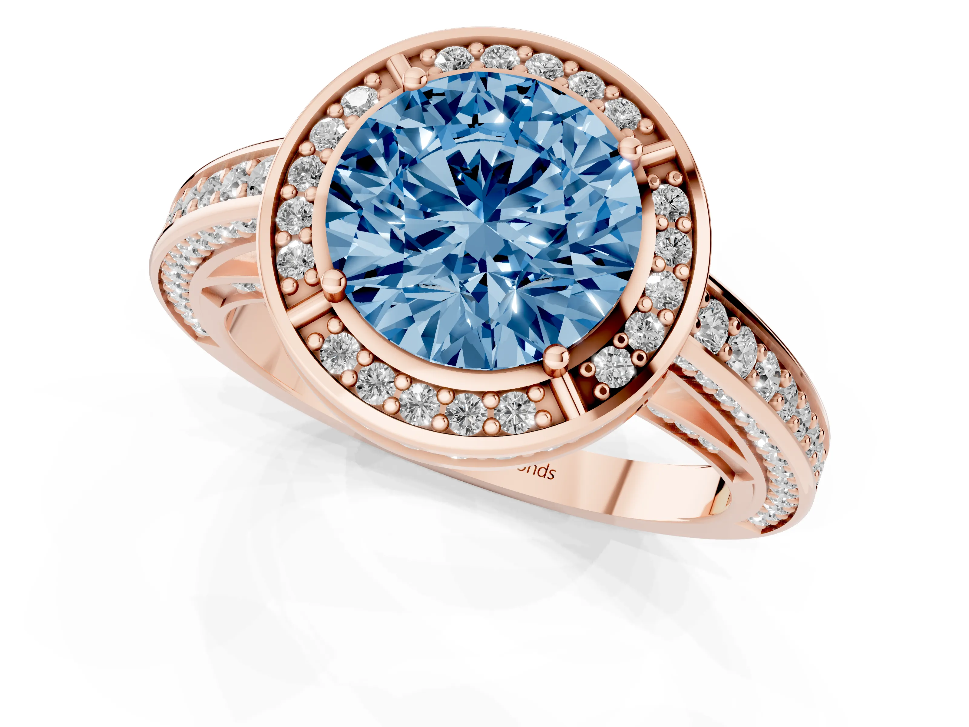 Fancy Blue Round Cut Diamond Halo Pavé Split Shank Ring Set in Rose gold with Prong Setting