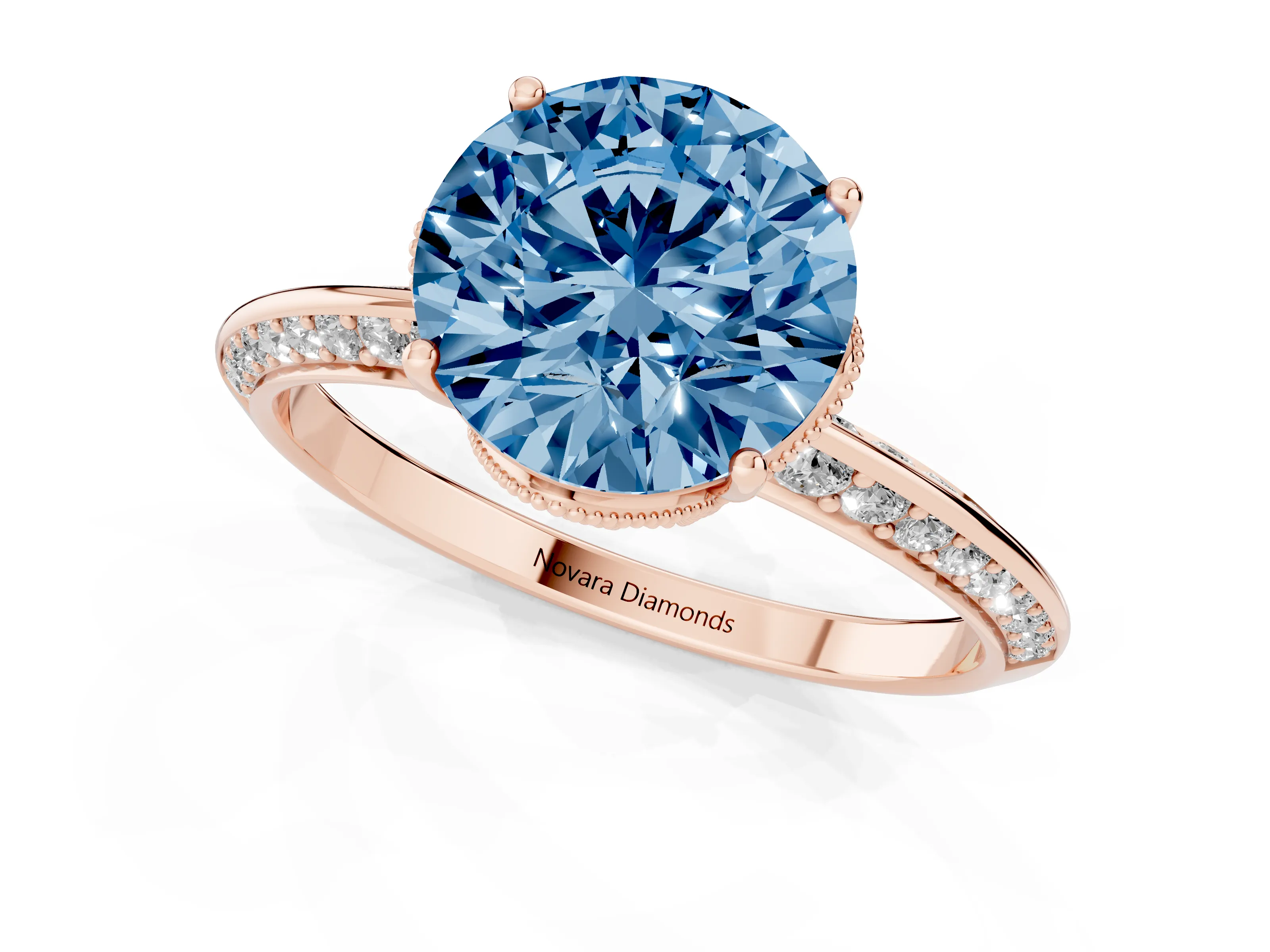 Fancy Blue Round Cut Diamond Solitaire Engagement Ring Set in Rose gold with Pavé Split Shank and Prong Setting