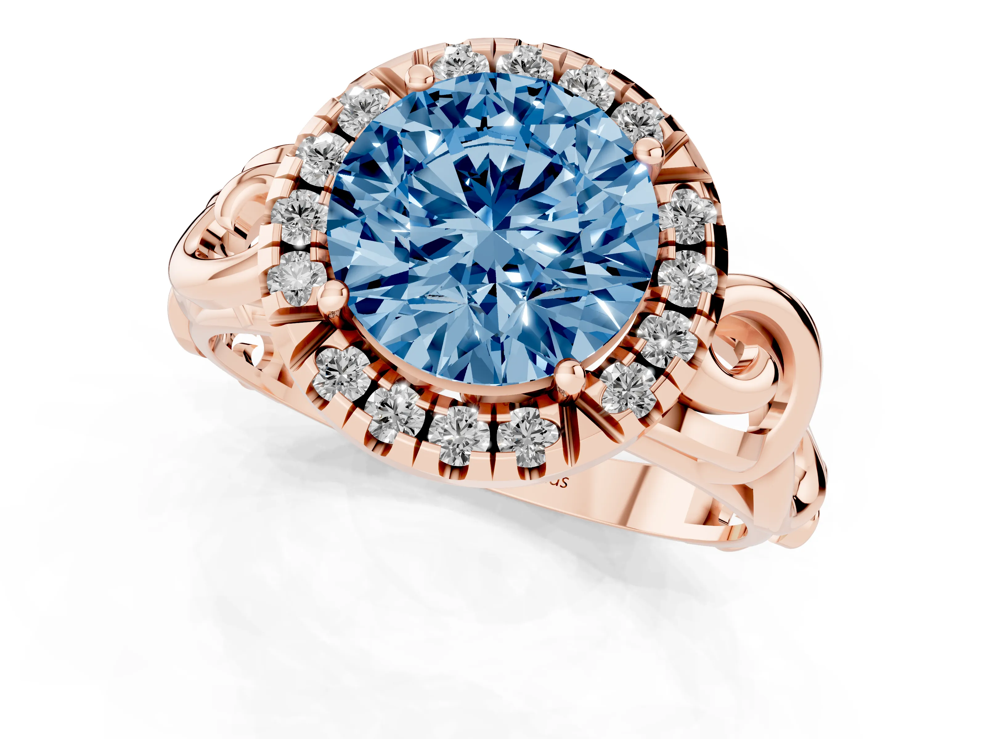 Fancy Blue Round Cut Diamond Halo Ring Set in Rose gold with Scrollwork Band and Prong Setting