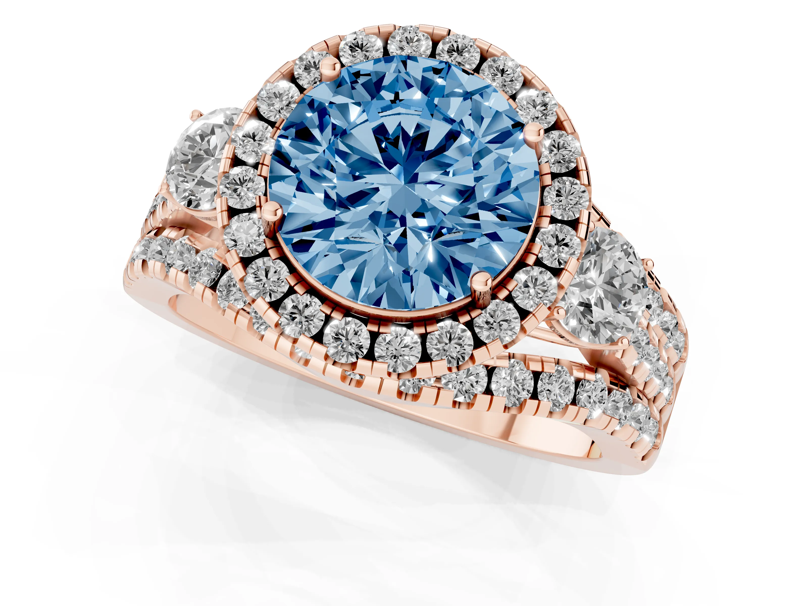 Fancy Blue Round Cut Diamond Halo Split Shank Ring Set in Rose gold with Round Accent Stones and Prong Setting