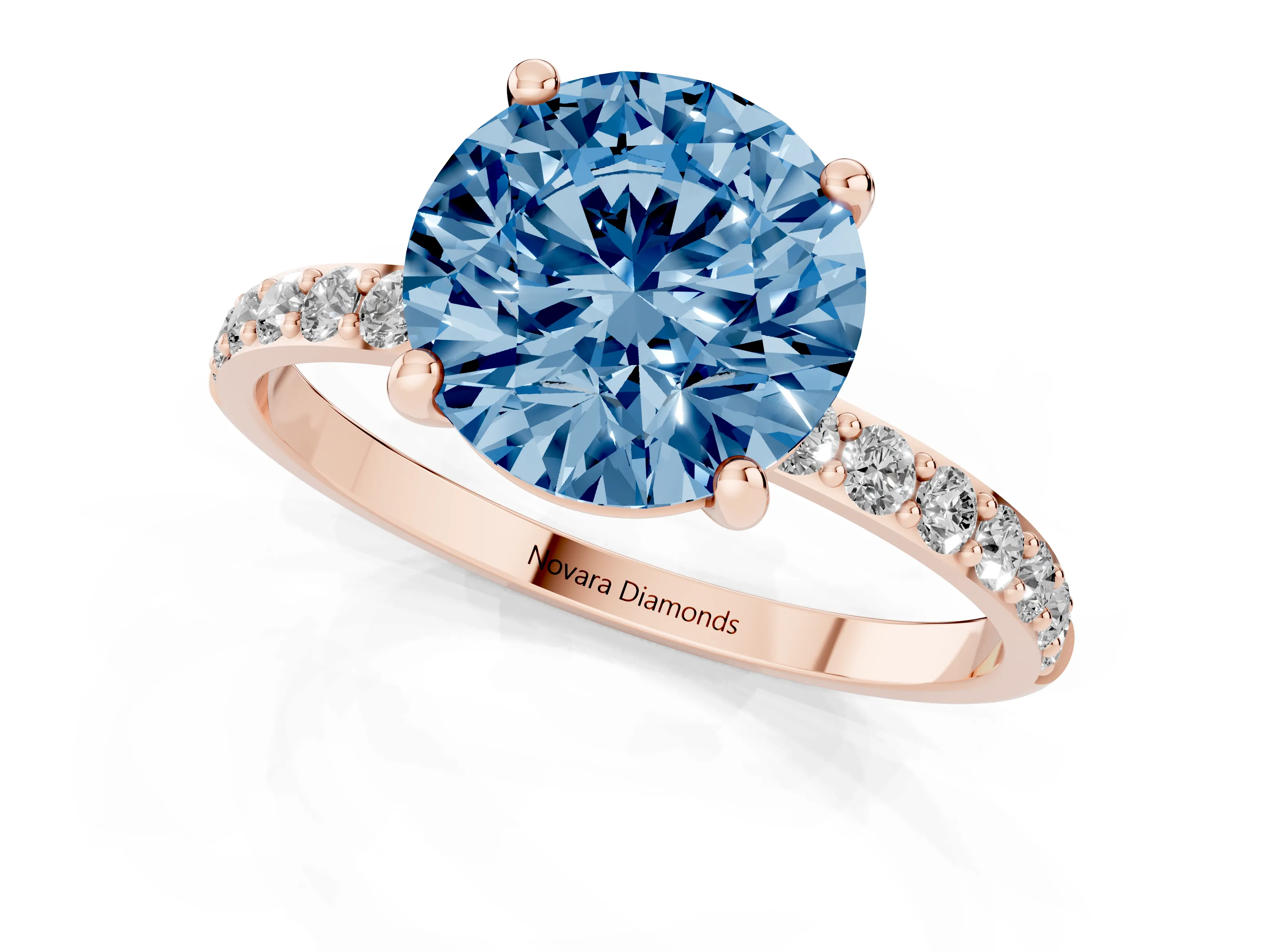 Fancy Blue Round Cut Diamond Solitaire Ring Set in Rose gold with Round Pavé Band and Prong Setting