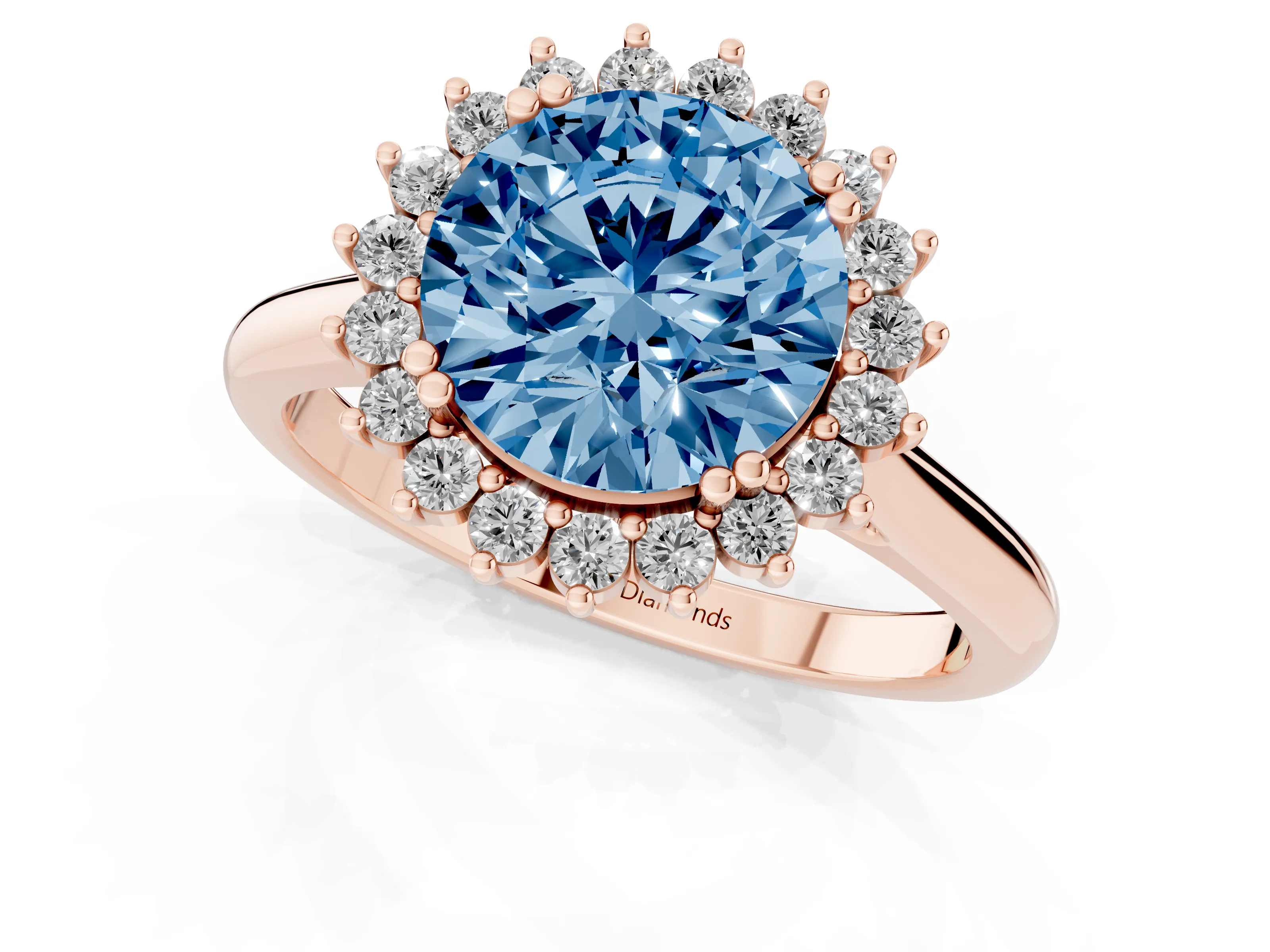 Fancy Blue Round Cut Diamond Halo Ring Set in Rose gold with Plain Solitaire Band and Prong Setting