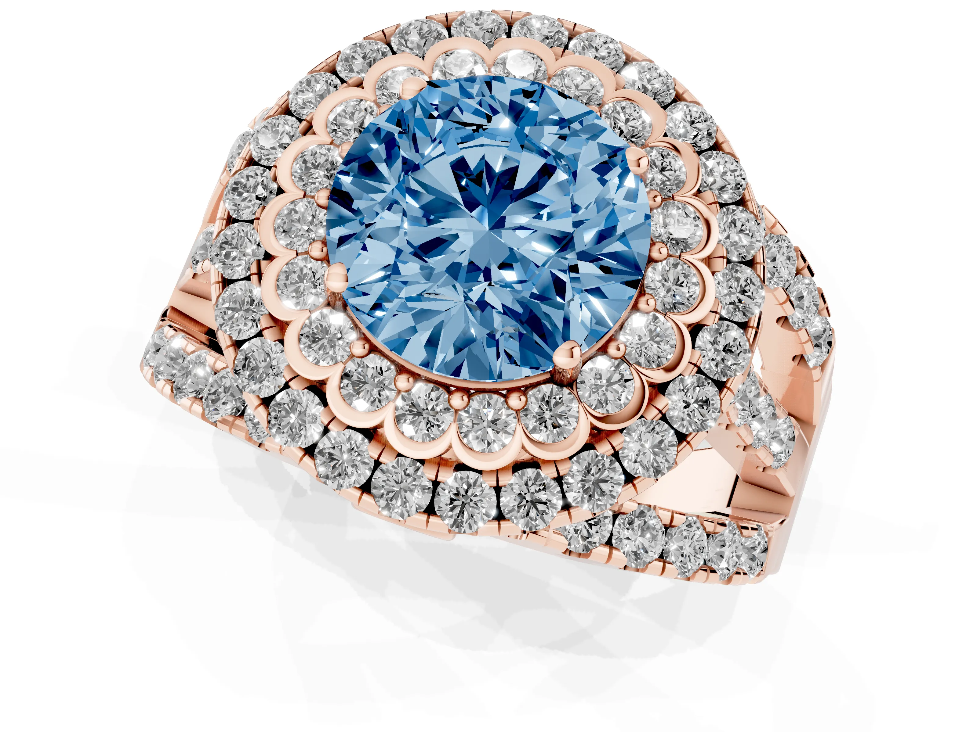 Fancy Blue Round Cut Diamond Double Halo Ring Set in Rose gold with Round Pavé Split Shank