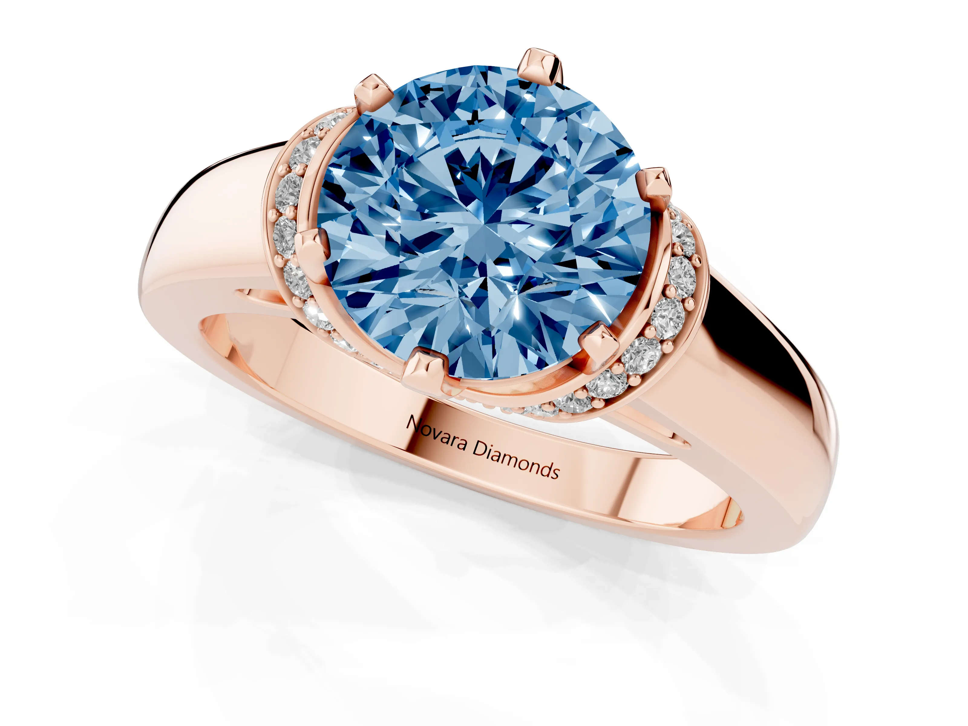 Fancy Blue Round Cut Diamond Pavé Band Solitaire Ring Set in Rose gold with Prong Setting