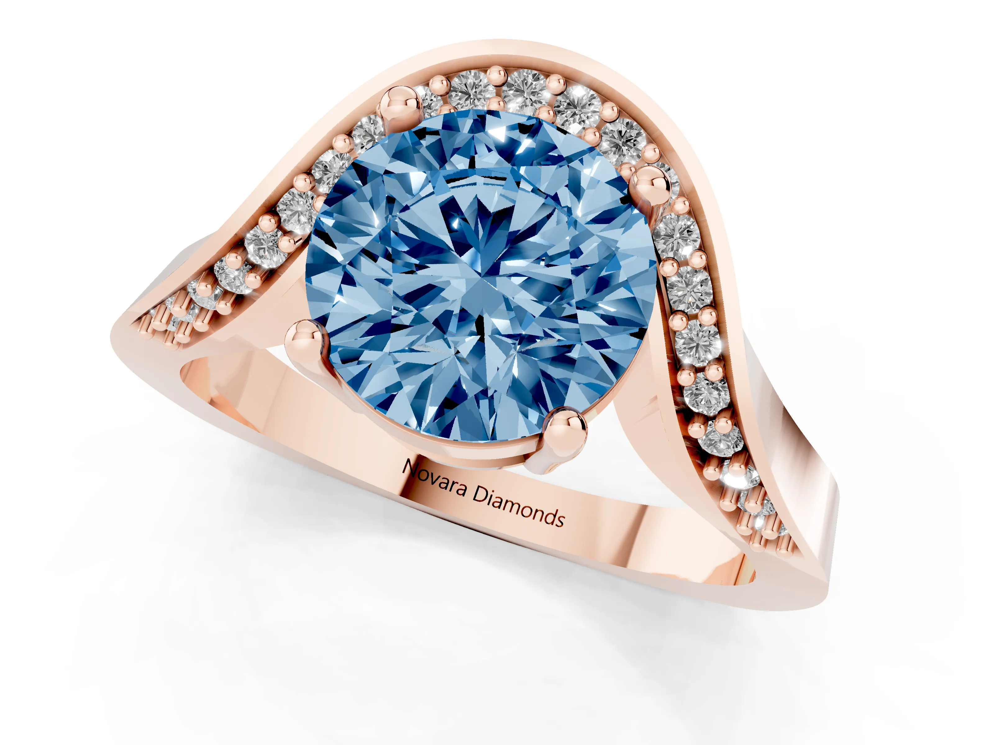 Fancy Blue Round Cut Diamond Solitaire Engagement Ring Set in Rose gold with Pavé Shoulders