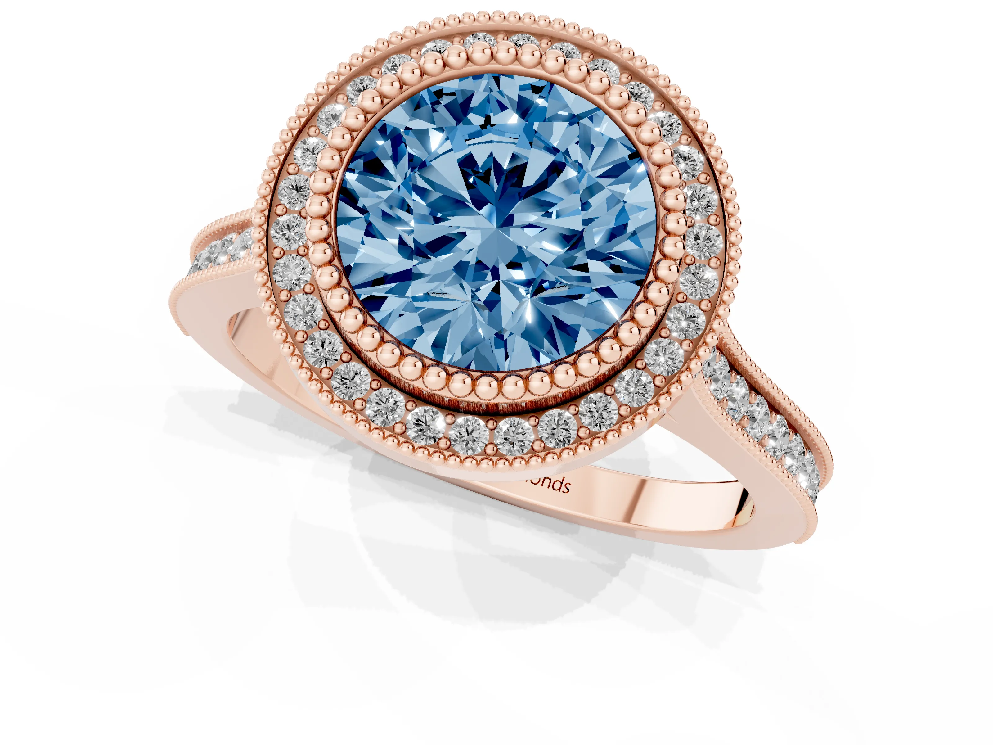 Fancy Blue Round Cut Diamond Halo Ring Set in Rose gold with Milgrain Frame and Pavé Band