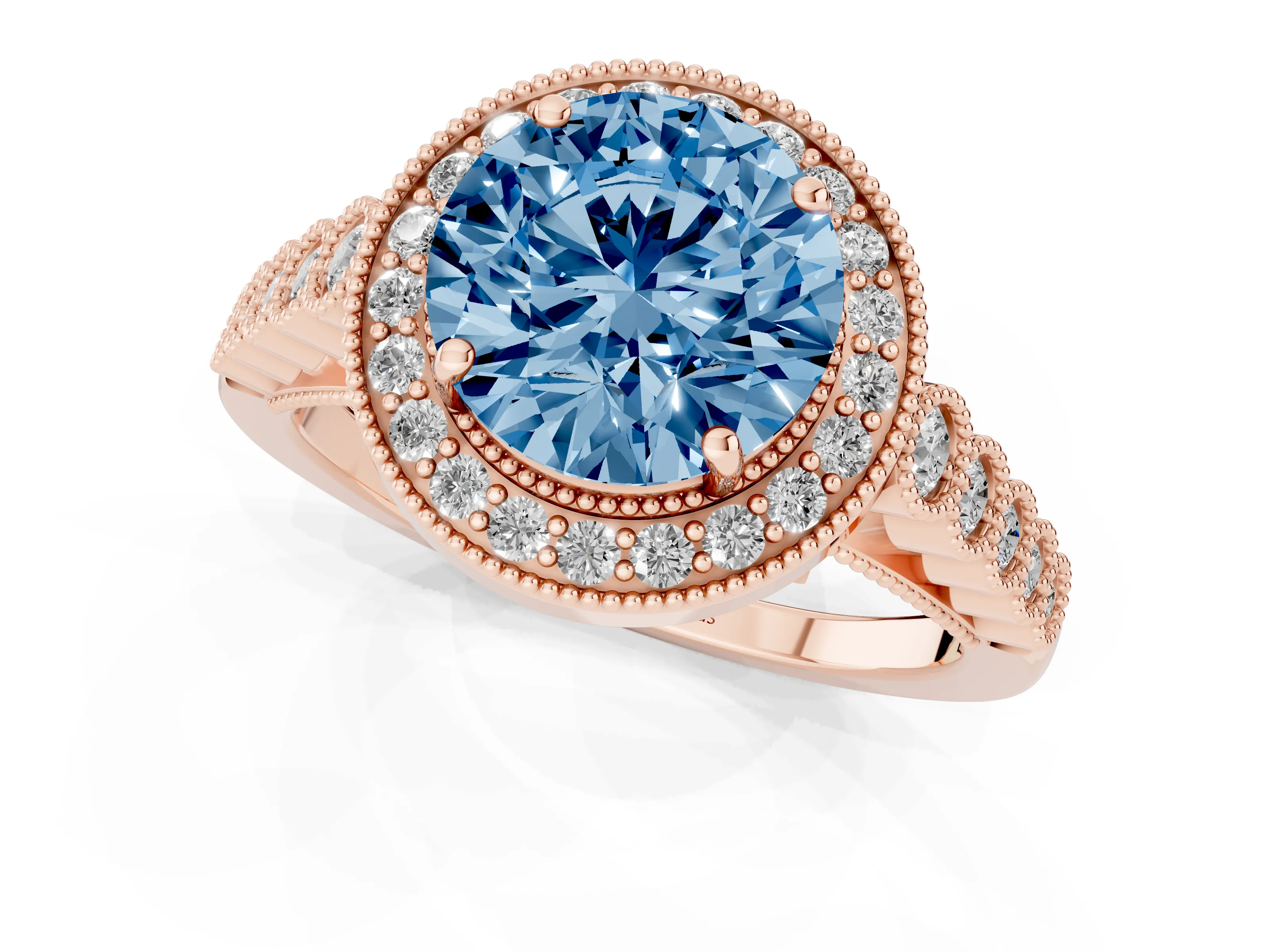Fancy Blue Round Cut Diamond Milgrain Halo Solitaire Ring Set in Rose gold with Bezel Set Side Stones and Pavé Band