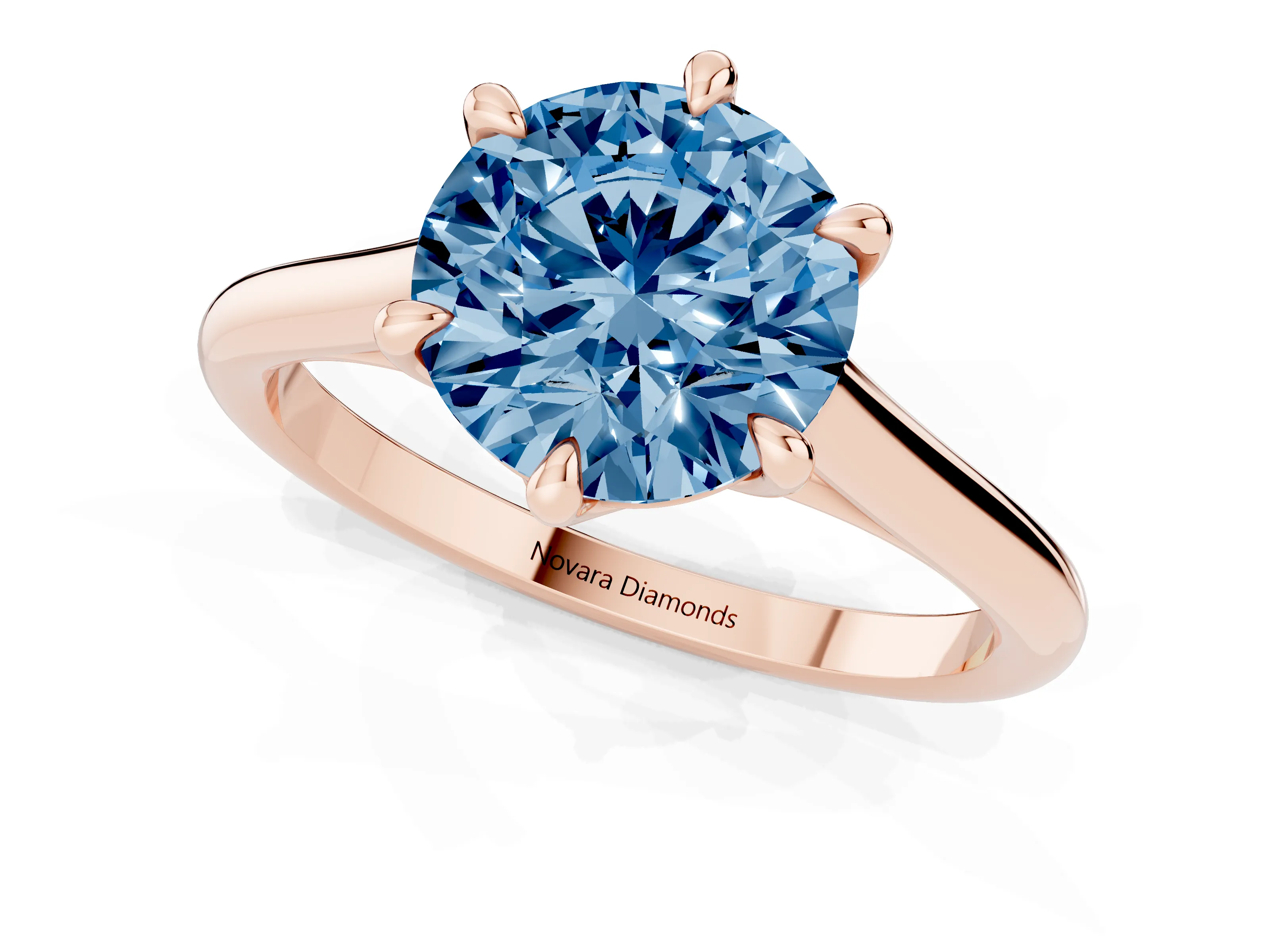 Fancy Blue Round Cut Diamond Solitaire Engagement Ring Set in Rose gold with Prong Setting and Plain Classic Band