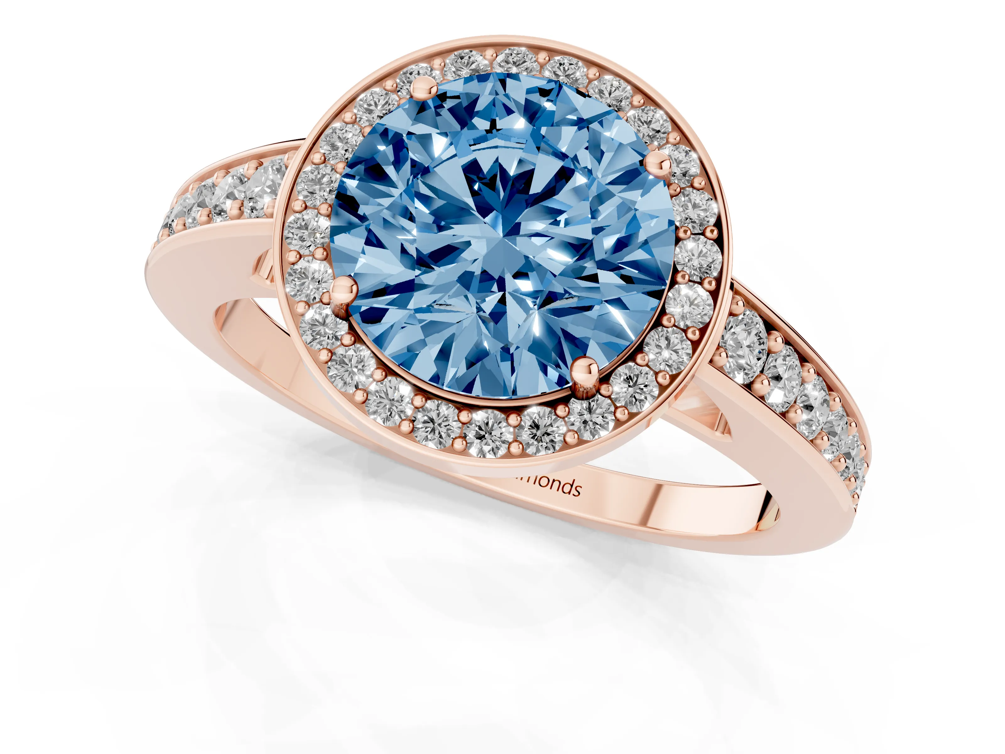 Fancy Blue Round Cut Diamond Halo Pavé Engagement Ring Set in Rose gold with Bezel Setting