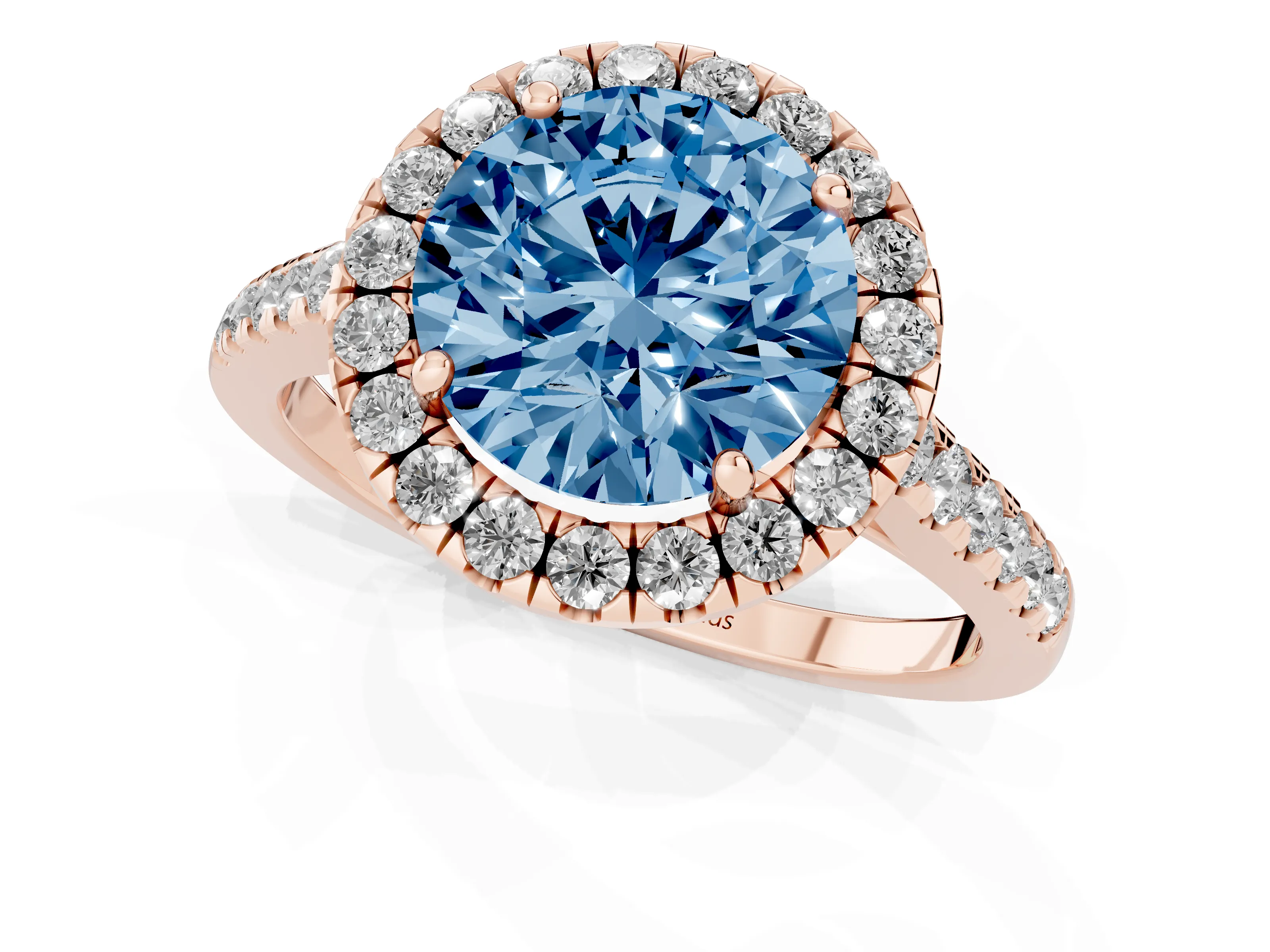 Fancy Blue Round Cut Diamond Halo Pavé Engagement Ring Set in Rose gold with Prong Setting