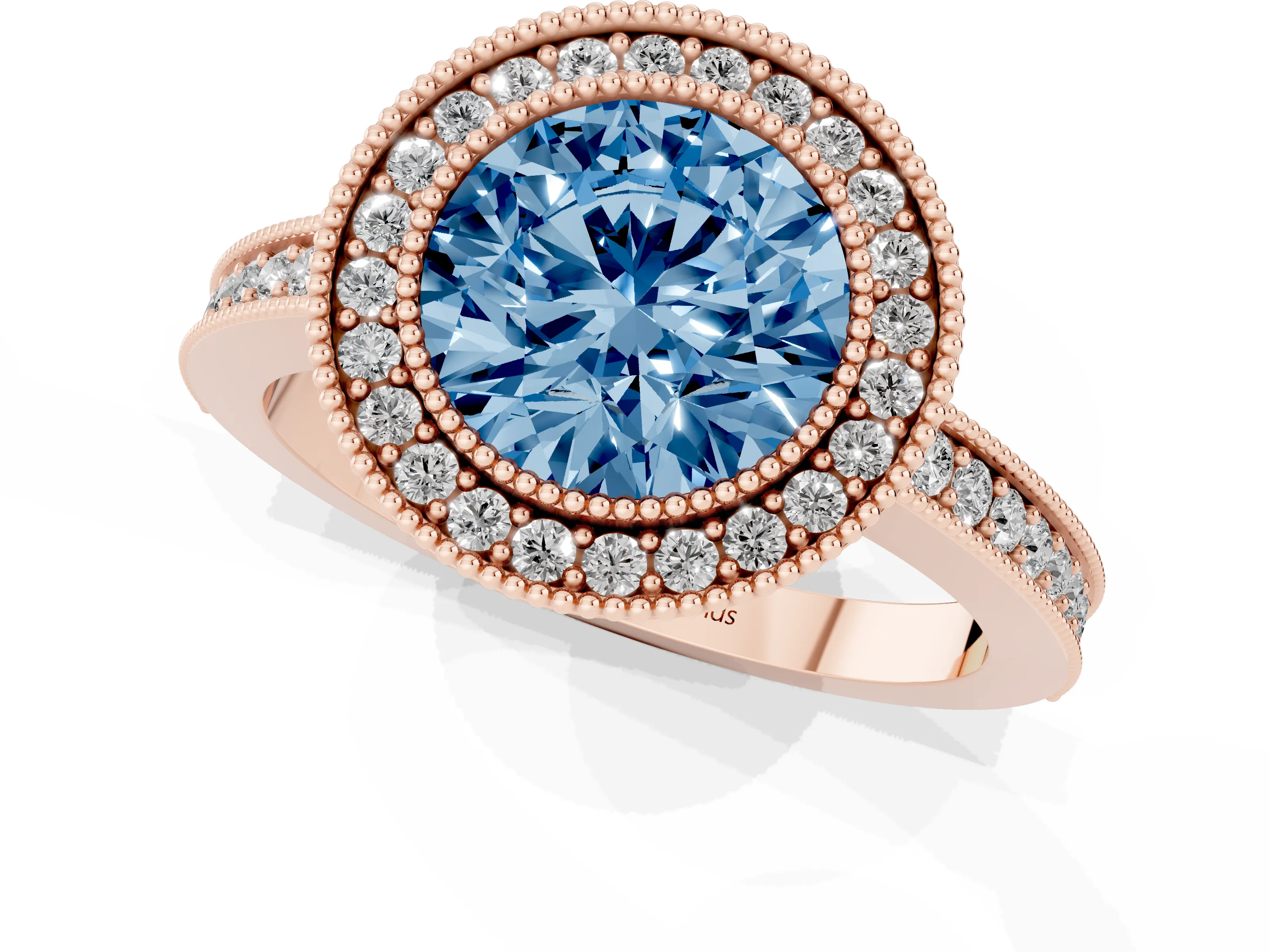 Fancy Blue Round Cut Diamond Round Halo Ring Set in Rose gold with Pavé Band