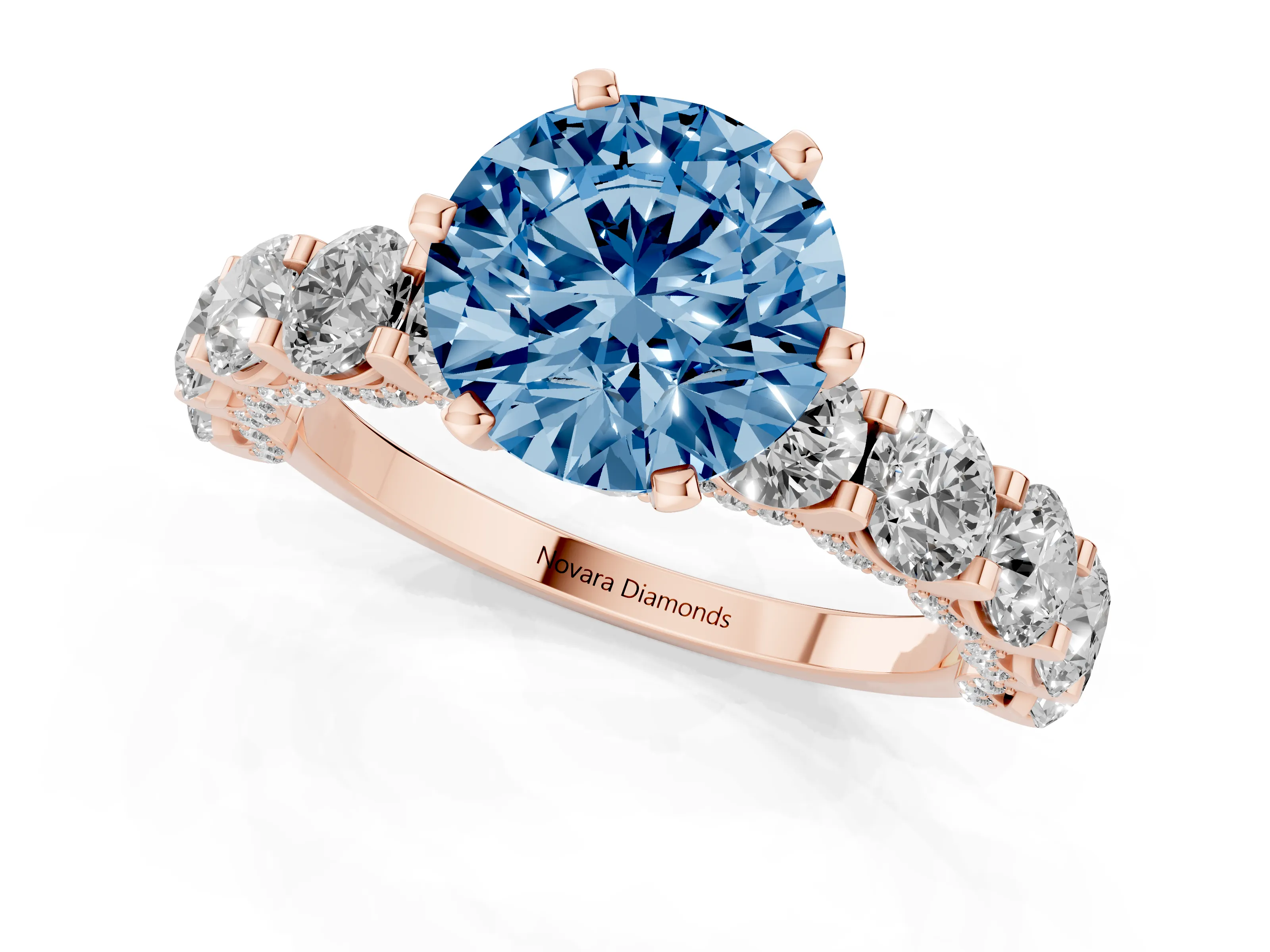 Fancy Blue Round Cut Diamond Side Stone Ring Set in Rose gold with Alternating Round and Oval Side Stones – second view