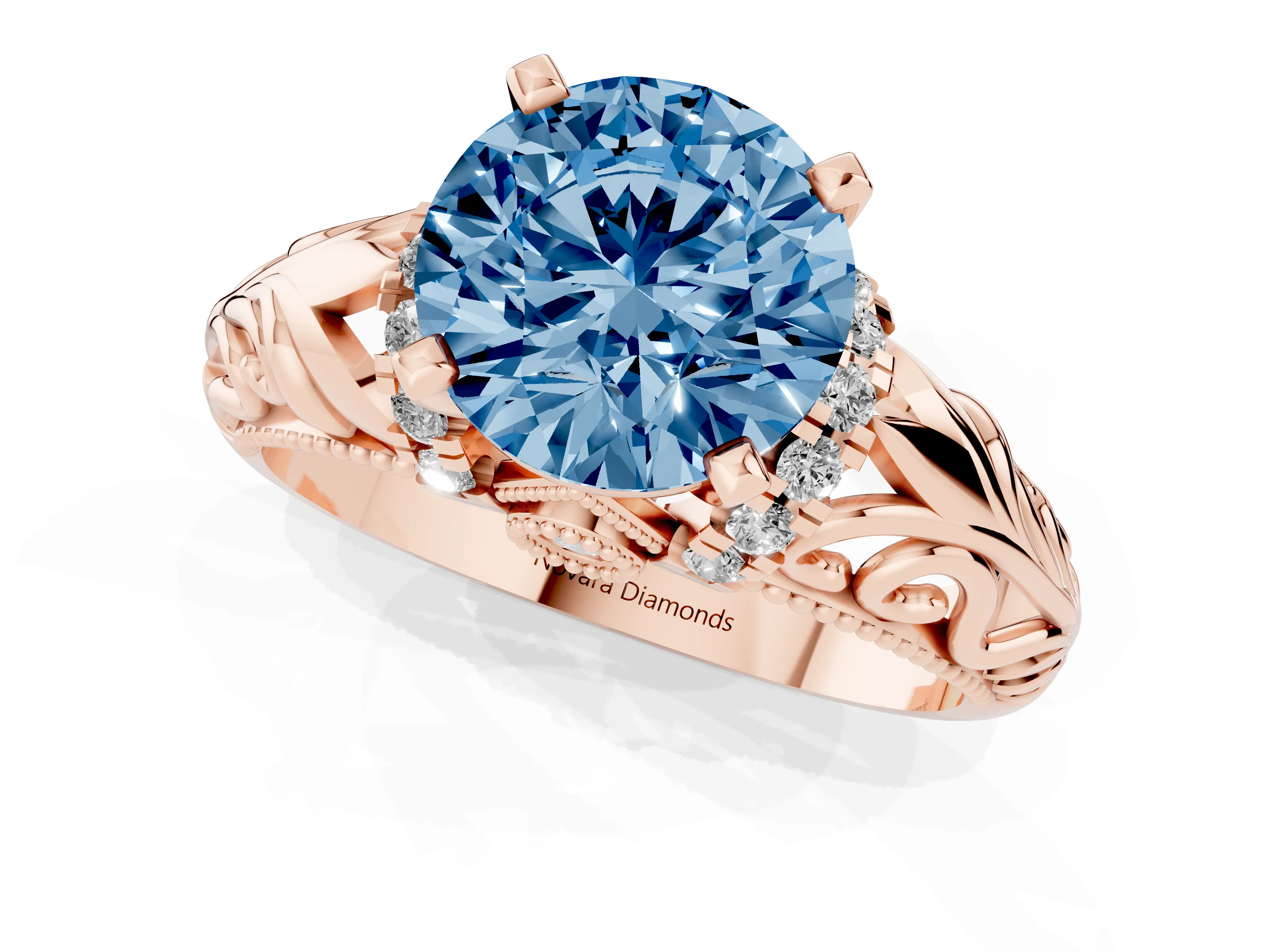 Fancy Blue Round Cut Diamond Filigree Halo Engagement Ring Set in Rose gold with Prong Setting