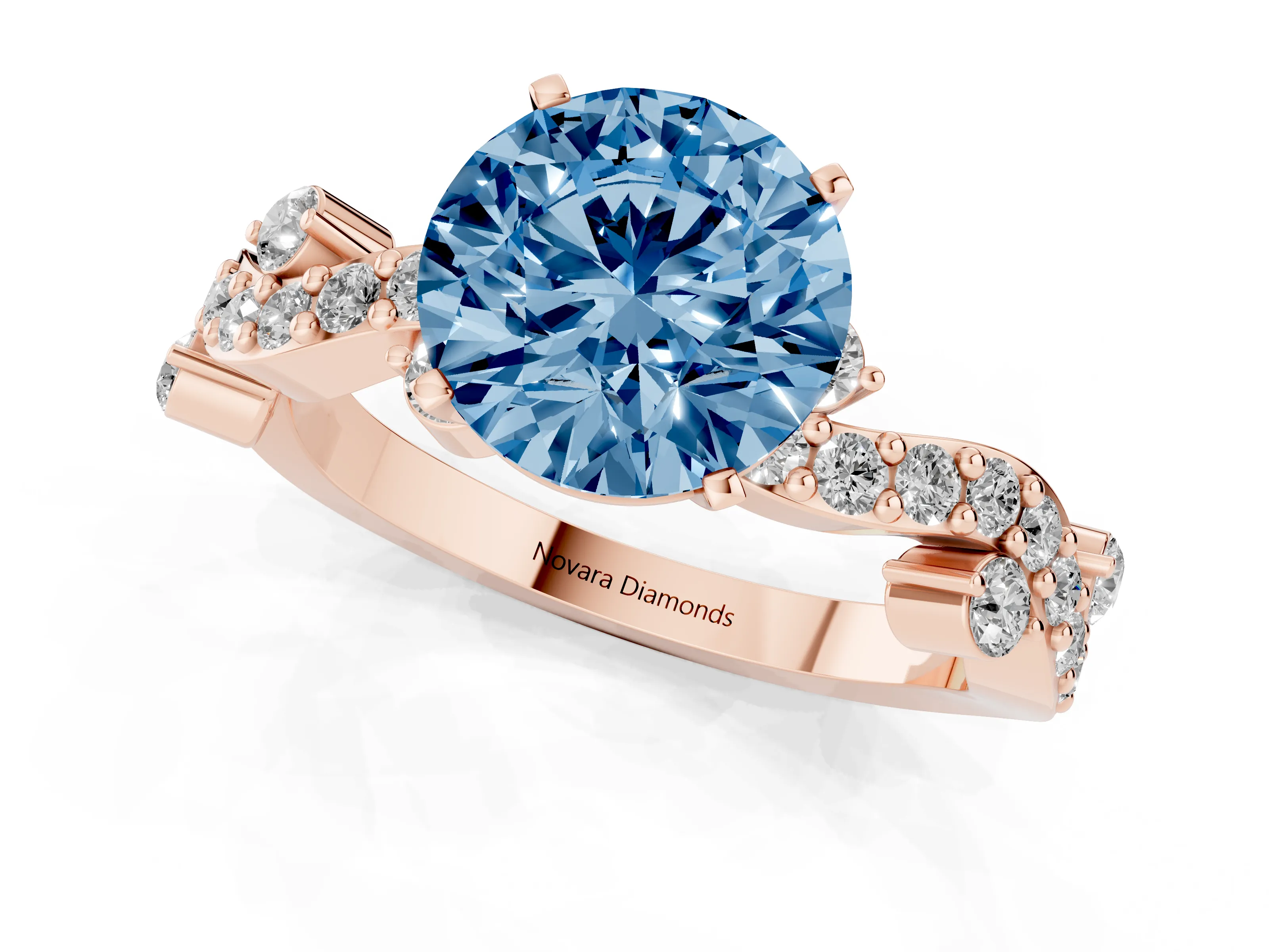 Fancy Blue Round Cut Diamond Solitaire Twisted Band Set in Rose gold with Pavé Setting