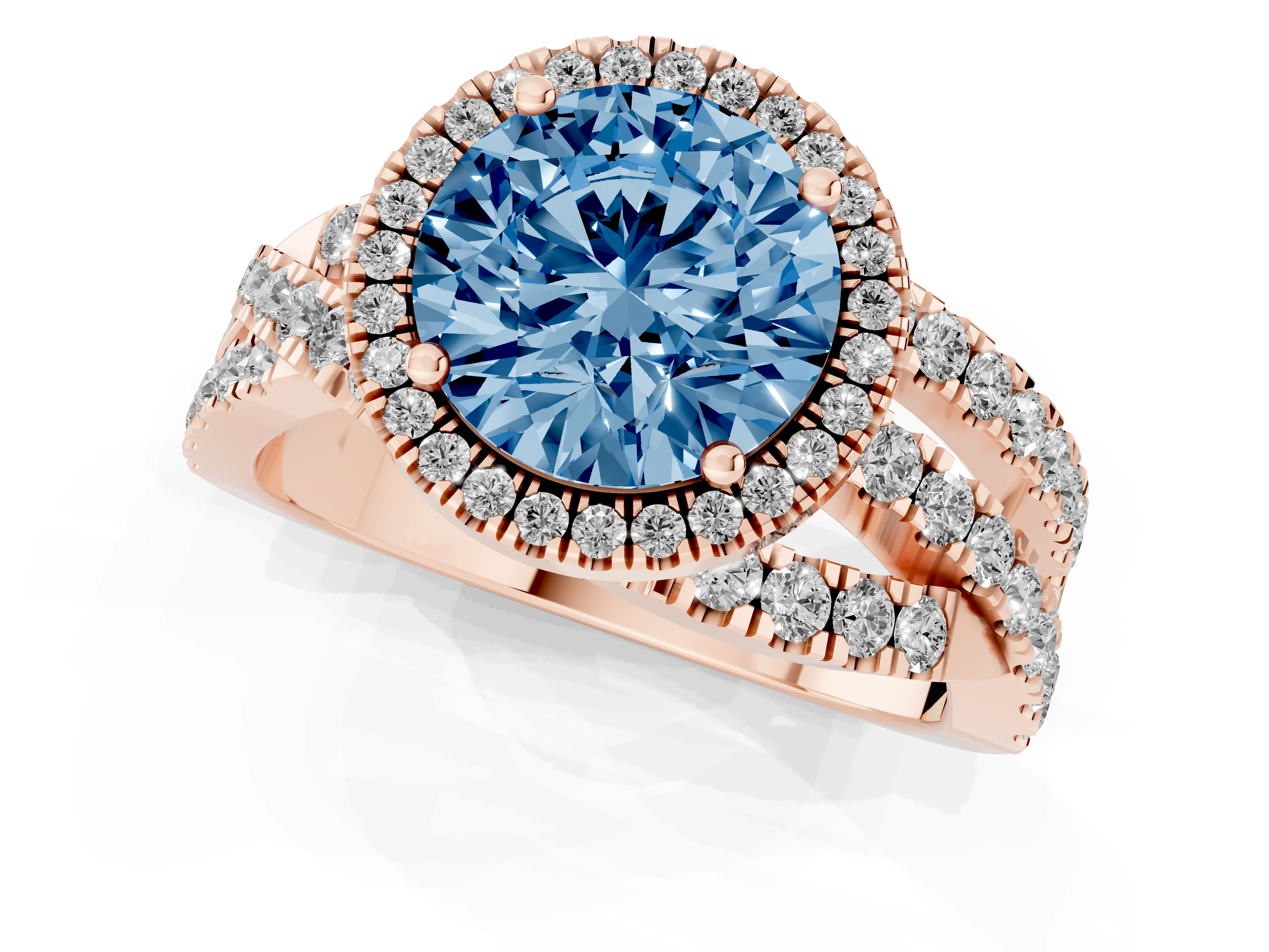 Fancy Blue Round Cut Diamond Halo Ring Set in Rose gold with Round Crossover Split Shank and Prong Setting