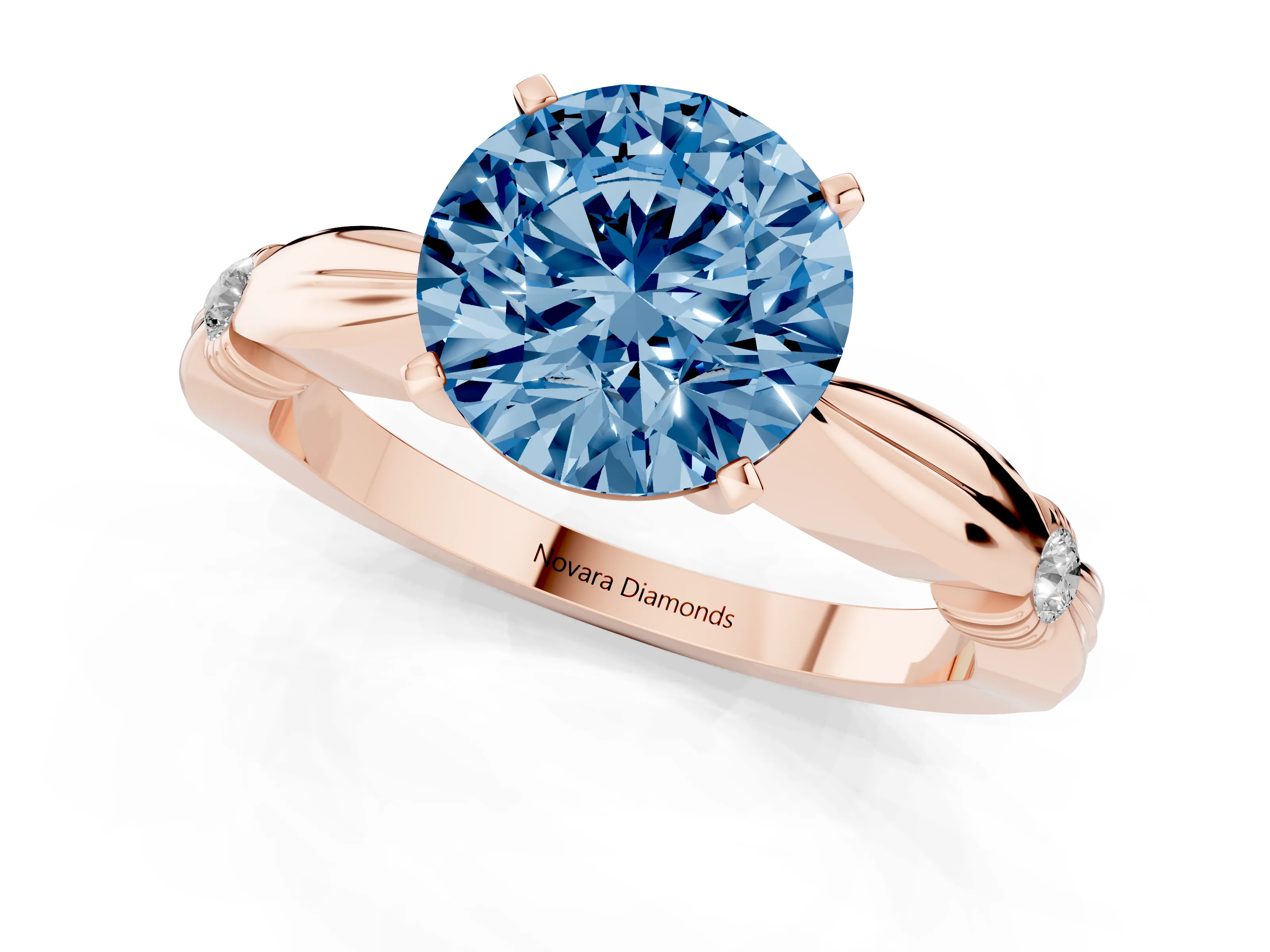 Fancy Blue Round Cut Diamond Solitaire Twisted Band Ring Set in Rose gold with Accent Stones and Prong Setting – second view