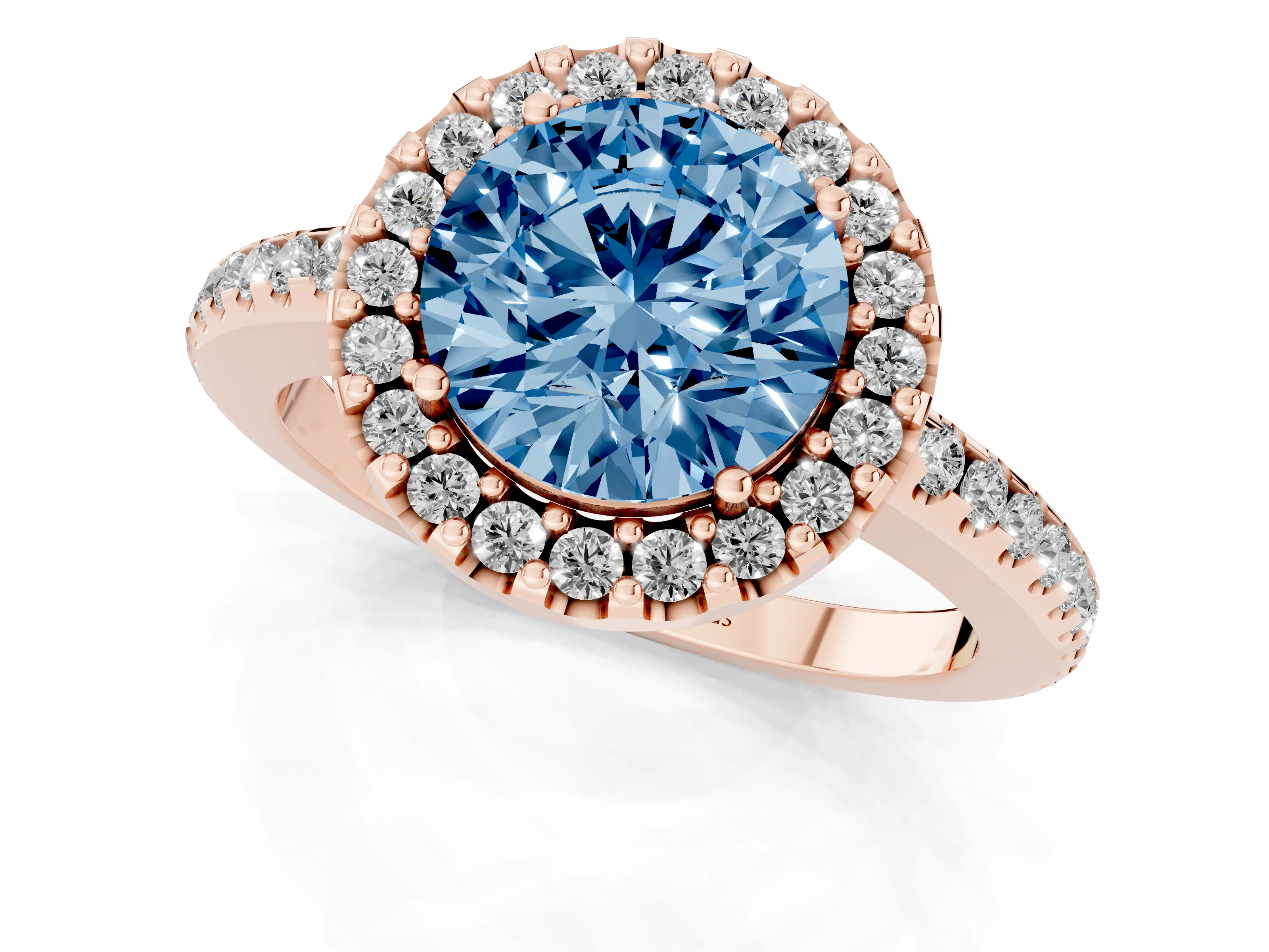 Fancy Blue Round Cut Diamond Pavé Halo Ring Set in Rose gold with Prong Setting