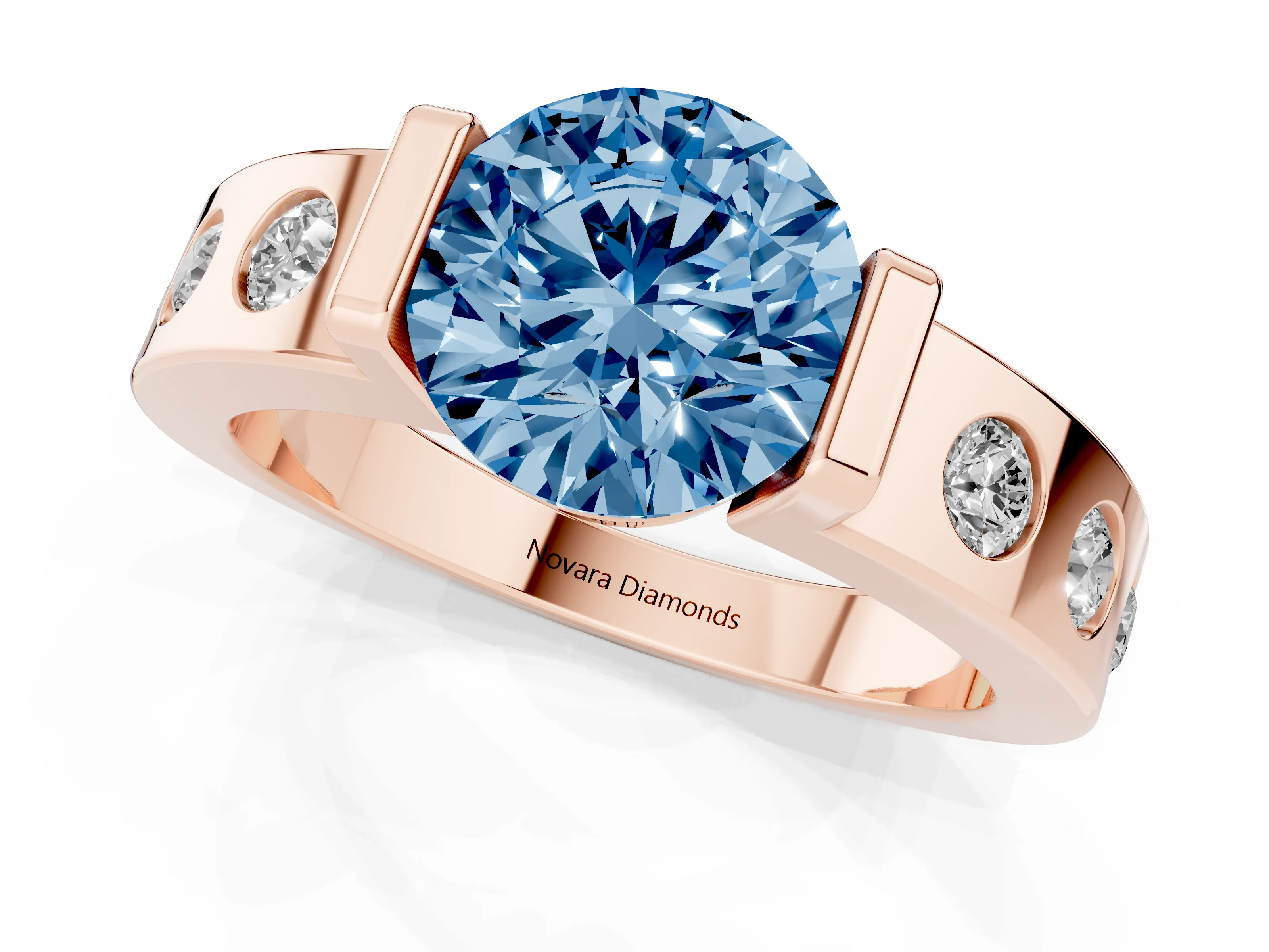 Fancy Blue Round Cut Diamond Channel-Set Band Ring Set in Rose gold with Bezel Prong Setting