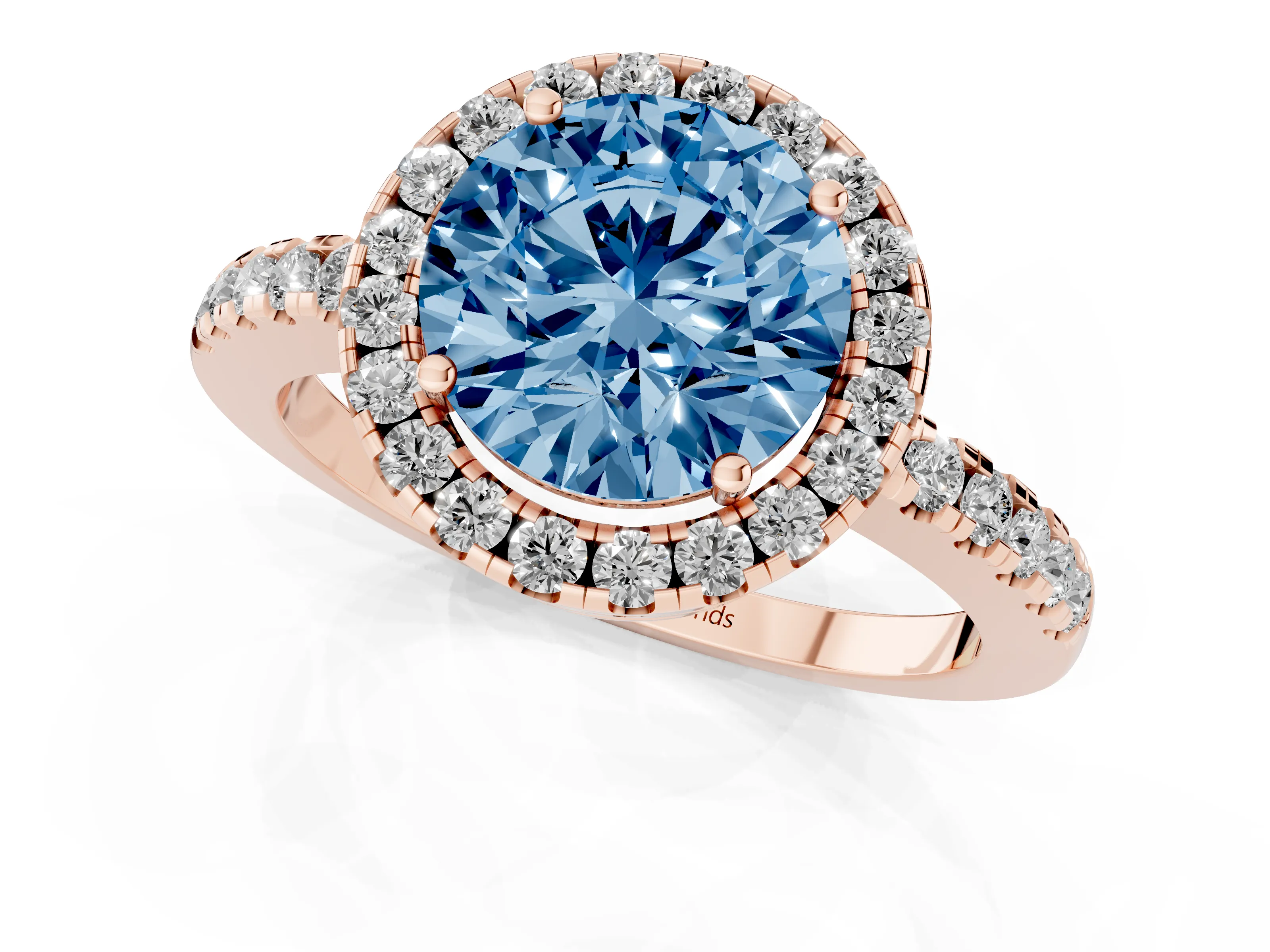 Fancy Blue Round Cut Diamond Pavé Band Halo Engagement Ring Set in Rose gold with Prong Setting