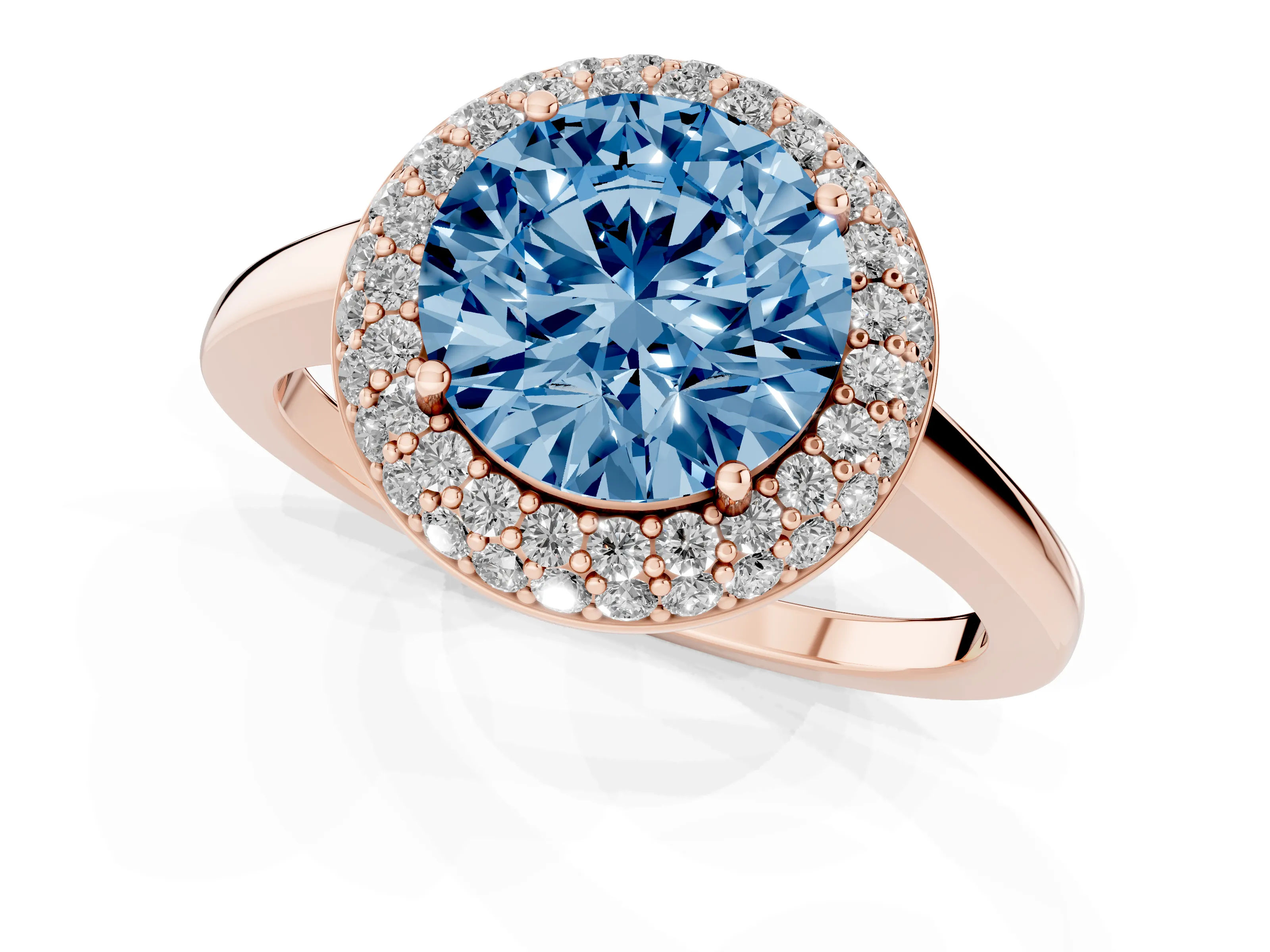 Fancy Blue Round Cut Diamond Halo Engagement Ring Set in Rose gold with Solitaire Band and Prong Setting