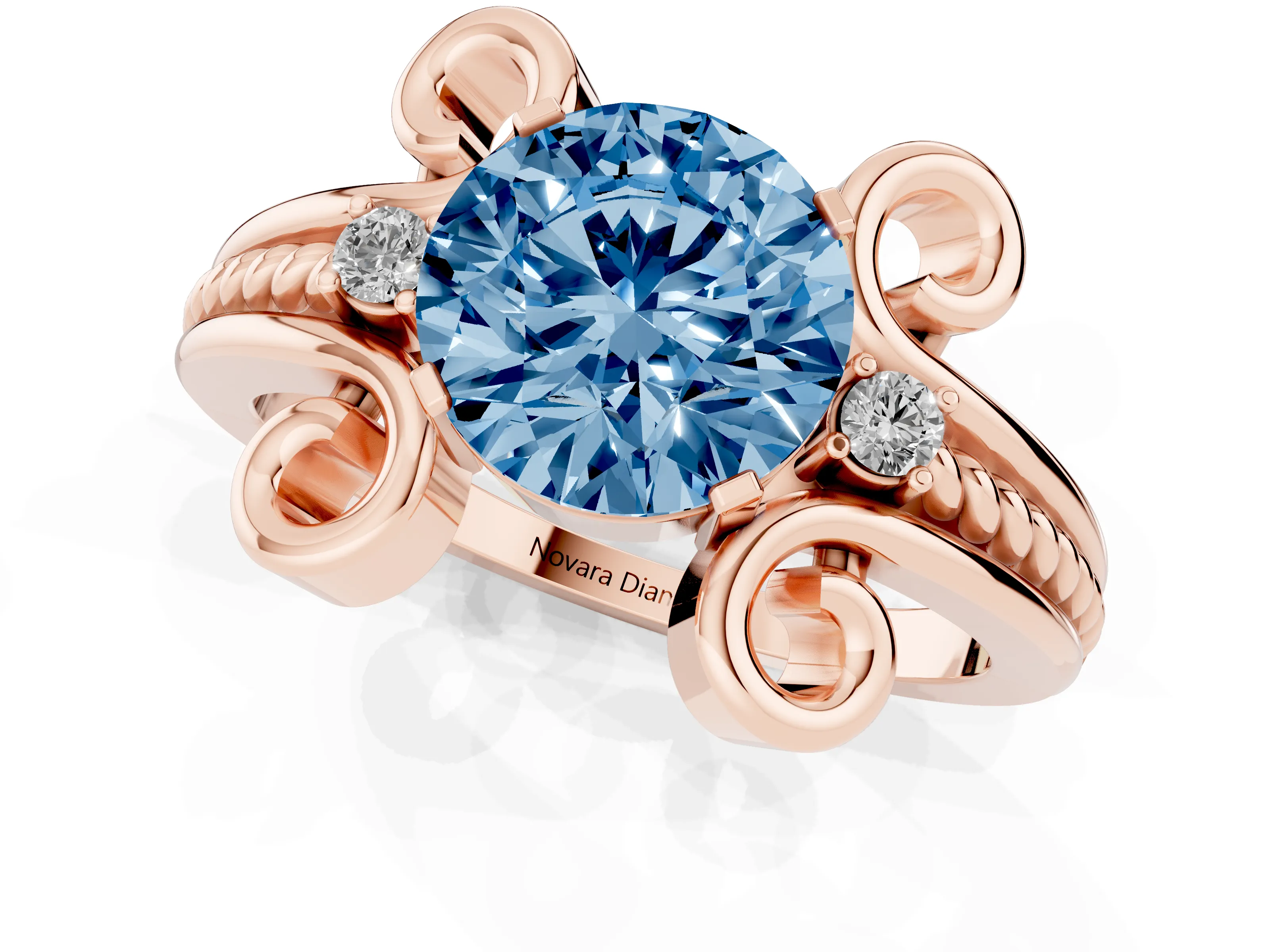 Fancy Blue Round Cut Diamond Twisted Band Solitaire Ring Set in Rose gold with Scroll Prongs