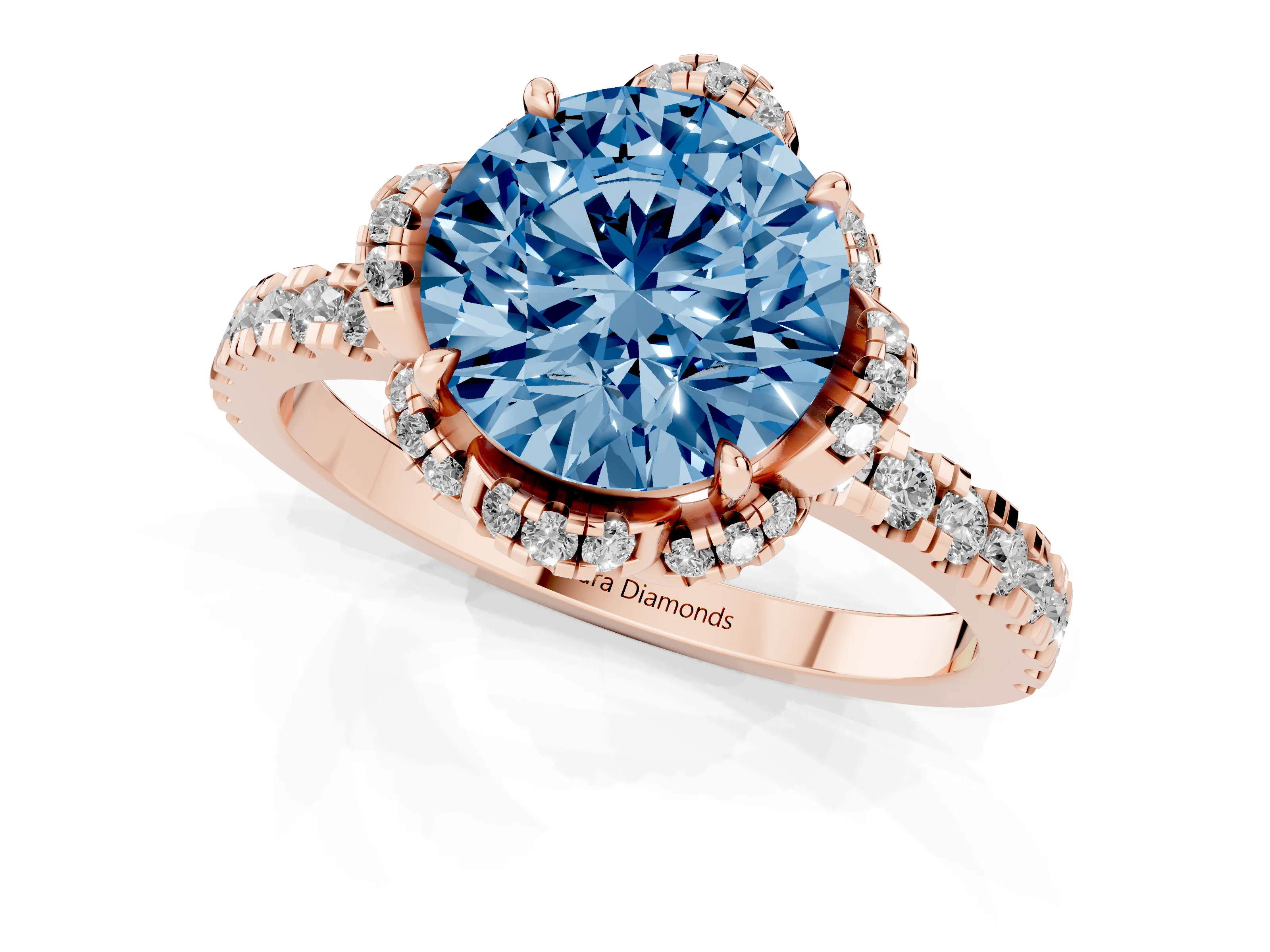 Fancy Blue Round Cut Diamond Halo Pavé Band Ring Set in Rose gold with Prong-Held Center